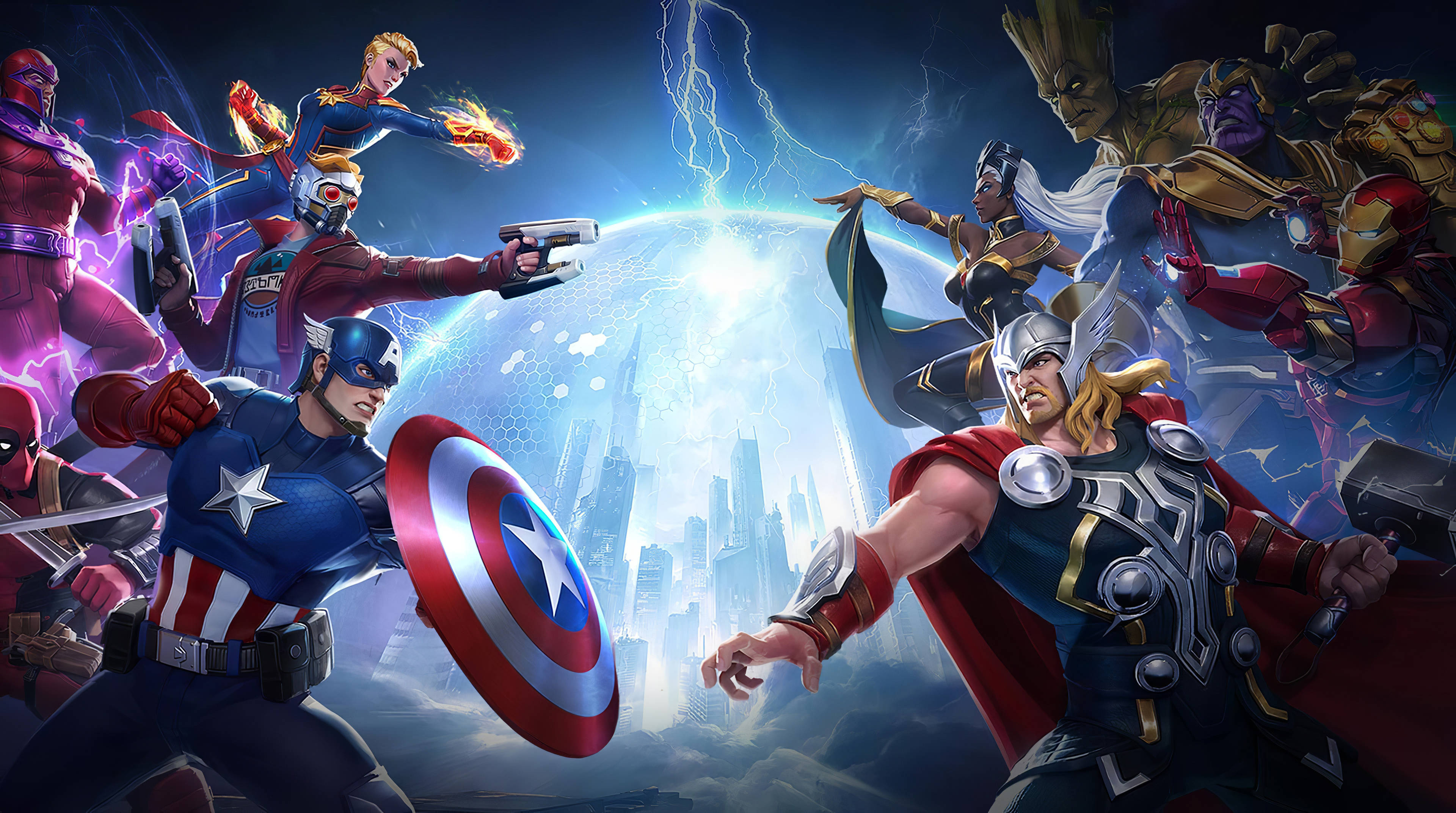 4K Marvel 壁紙 桌布 壁紙 — 超級英雄與反派在一個發光星球上展開戲劇性的宇宙大戰，下方有閃電和城市景觀。