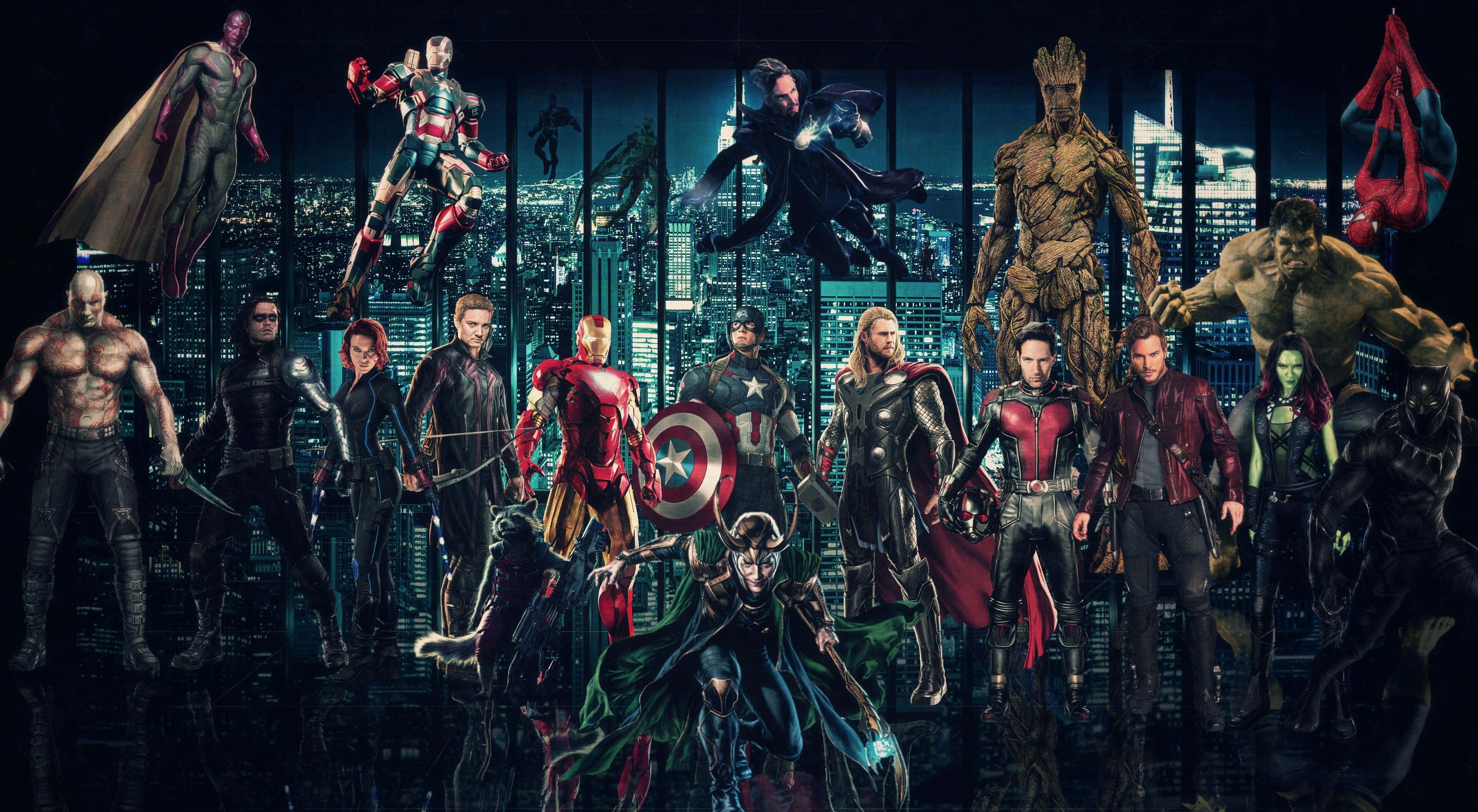 4K Marvel 壁紙 桌布 壁紙 — 超級英雄與反派在夜晚發光的城市天際線前戲劇性地擺姿勢。