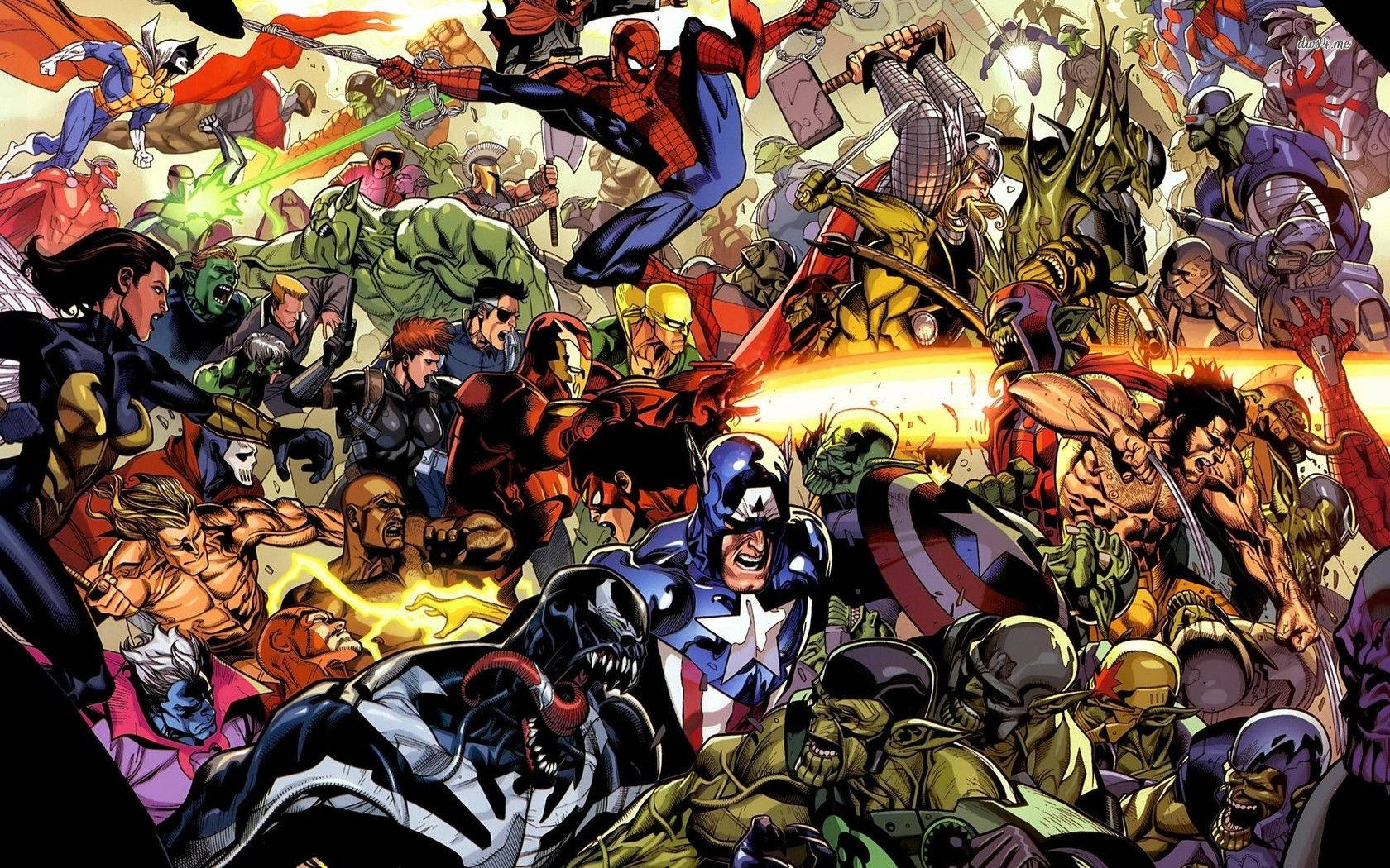 4K marvel iPhone 桌布 壁紙 — 超級英雄與反派在混亂戰鬥中充滿爆炸性能量效果的動態漫畫插圖。