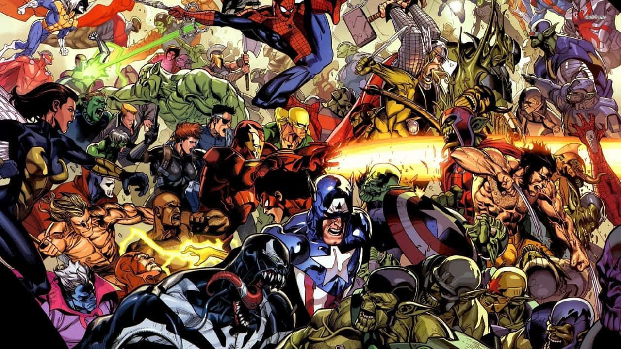 Animated Superhero Movies 桌布 壁紙 — 超級英雄與反派在混亂戰鬥中釋放能量爆炸和激烈表情的動態漫畫插圖。