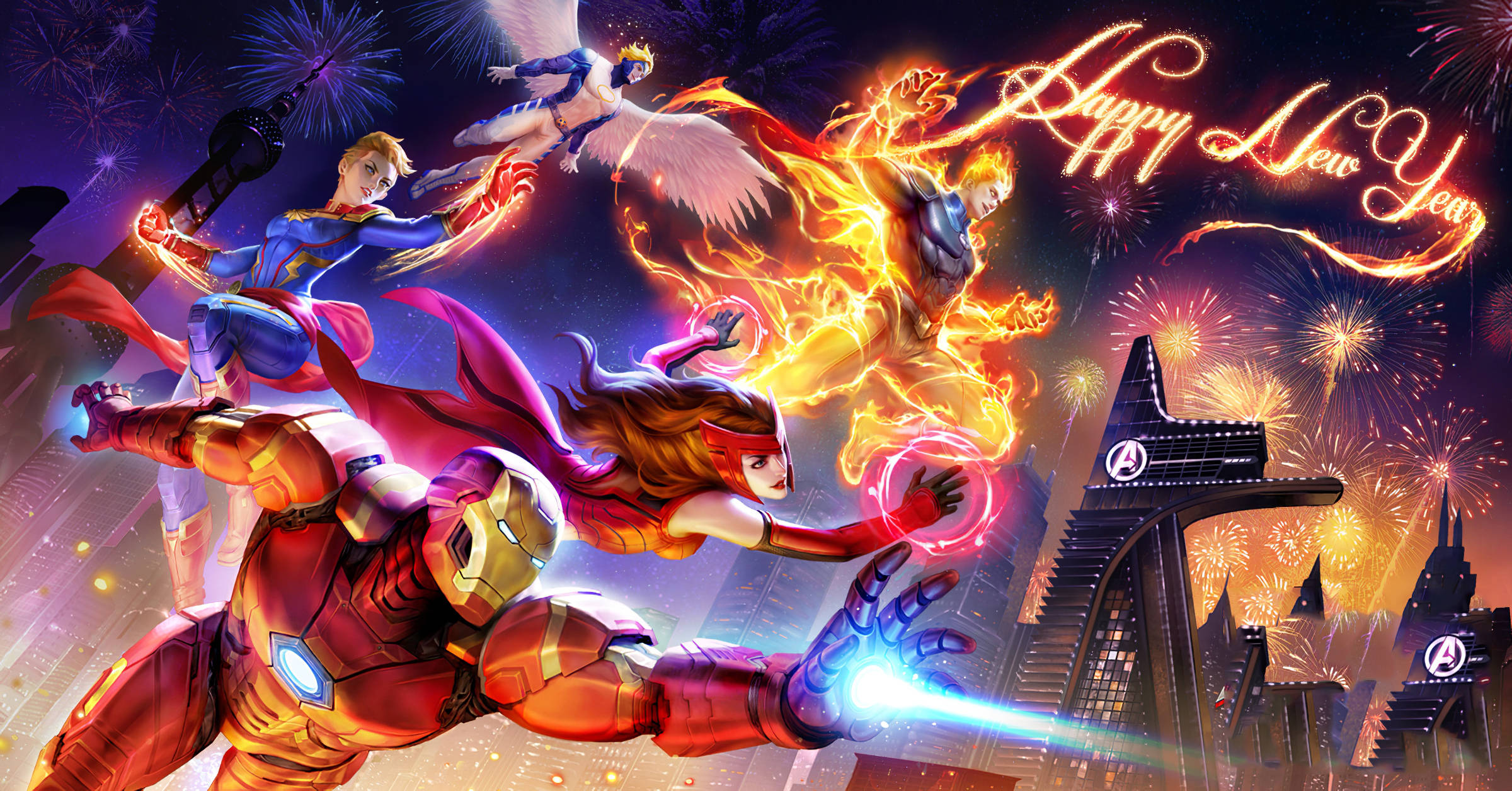 4K Marvel 壁紙 桌布 壁紙 — 超級英雄飛過城市天際線，煙火在'Happy New Year'標誌周圍爆炸。