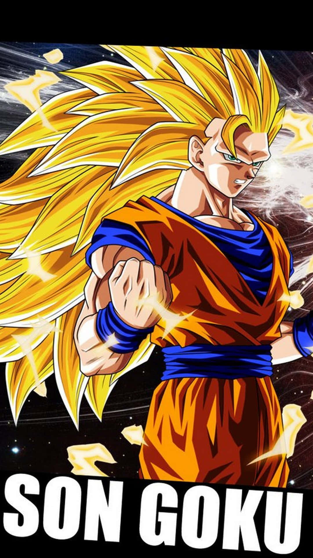 Ssj3 桌布 壁紙 — 超級賽亞人孫悟空身穿橙色和藍色道服，金色頭髮和能量火花在星空宇宙背景下提升力量。