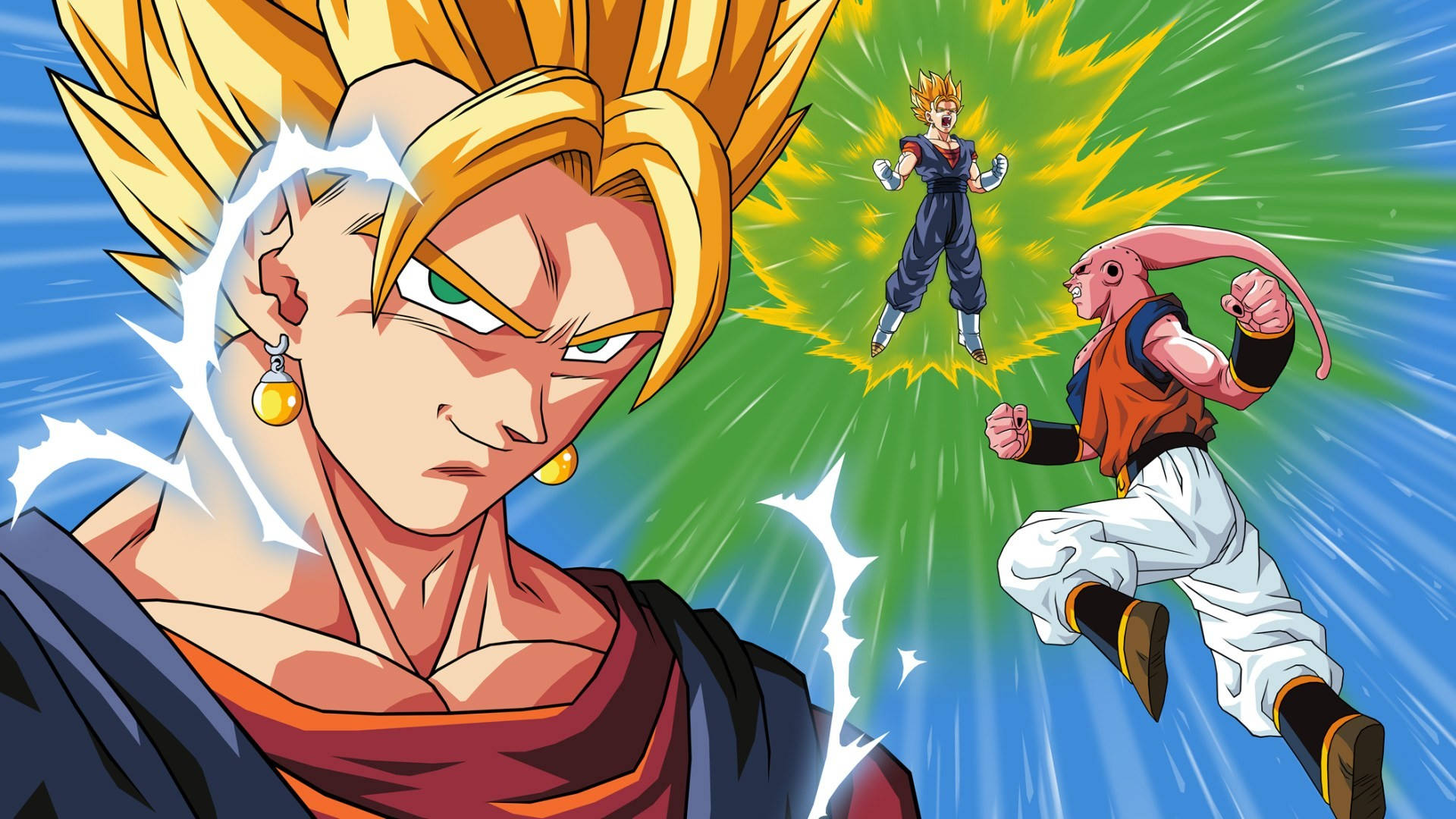 Vegito 桌布 壁紙 — 超級賽亞人形態的動畫戰士在充滿活力的藍色和綠色背景上，以電能爆發碰撞。