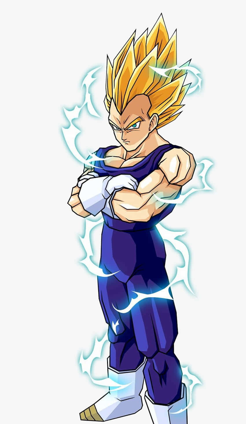 Vegeta Super Saiyan 2 桌布 壁紙 — 超級賽亞人形態的動畫角色貝吉塔，擁有尖刺金色頭髮和藍色氣場，強勢站立。