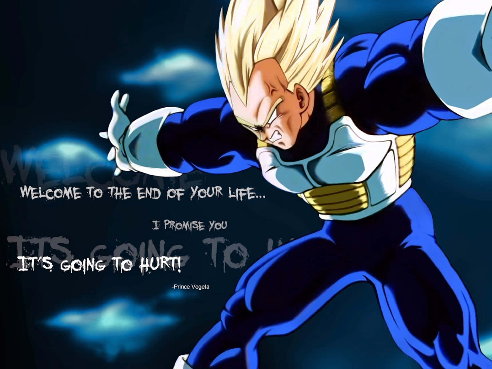 Vegeta Quotes 桌布 壁紙 — 超級賽亞人形態的貝吉塔以強烈的表情向前衝刺，背景是深藍色的多雲天空。