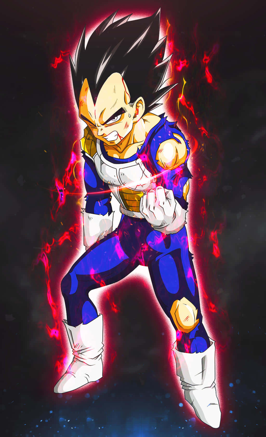 Vegeta Ultra Instinct 桌布 壁紙 — 超級賽亞人形態的貝吉塔在黑暗宇宙背景下散發出強烈的紅色能量，並帶有發光粒子。