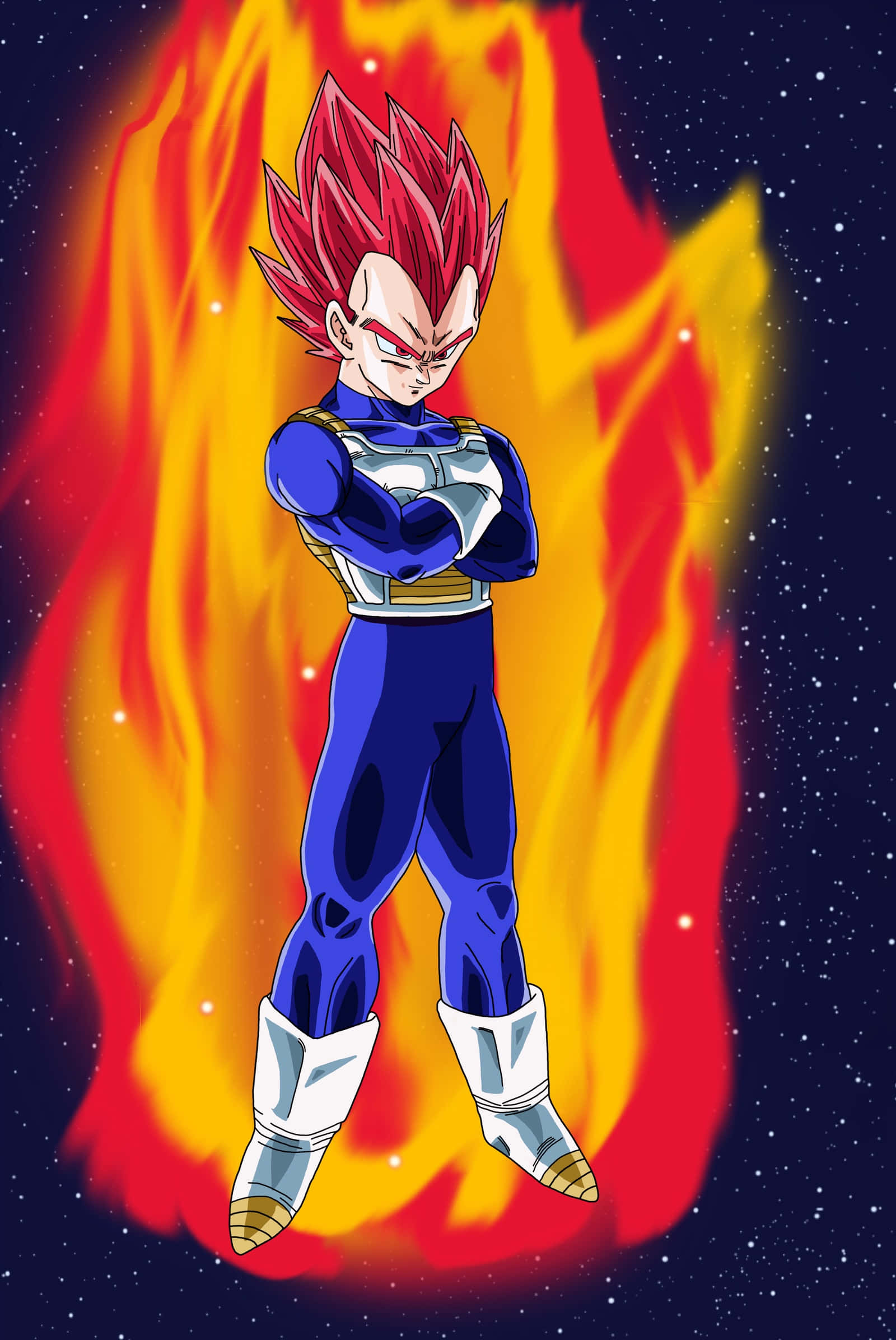 Vegeta Super Saiyan God 桌布 壁紙 — 超級賽亞人形態的達爾自信地交叉雙臂，站在熾熱的宇宙背景前。