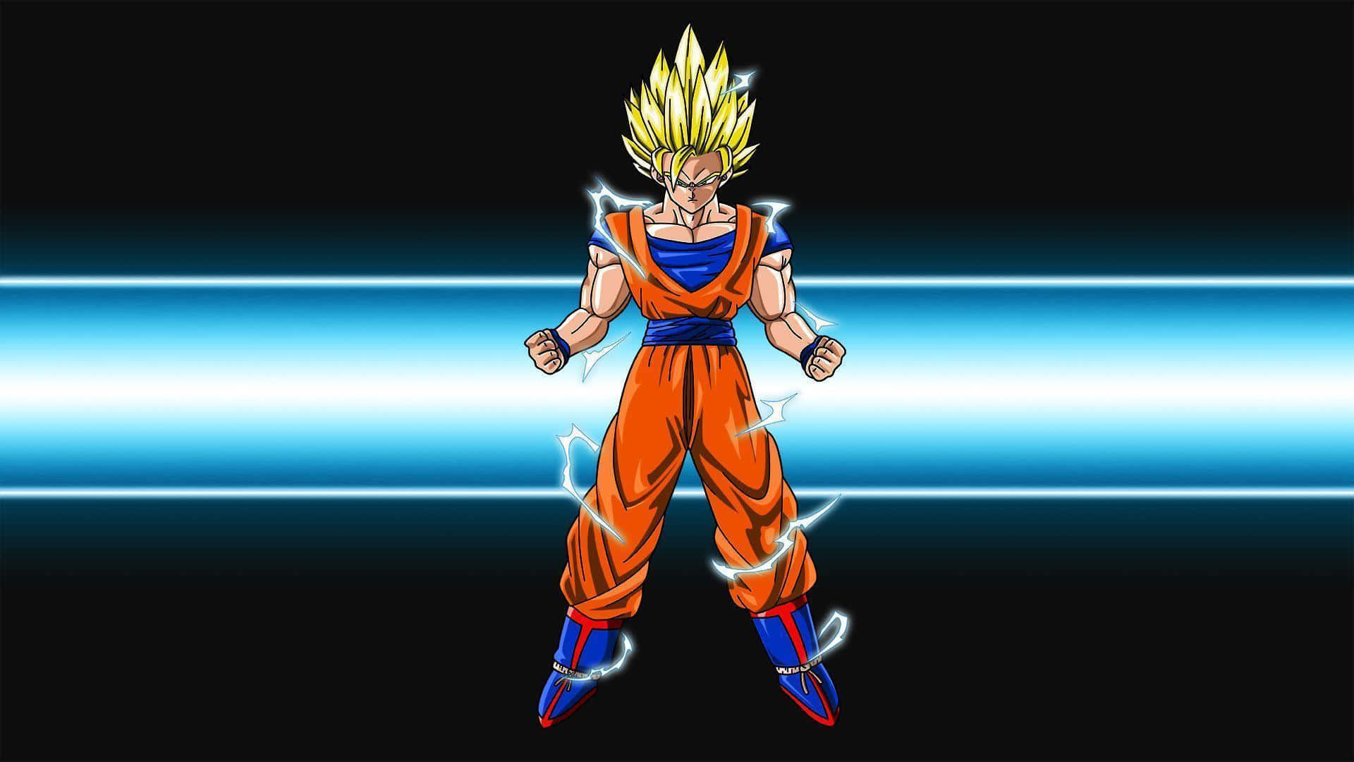 Dragon Ball Z Super Saiyan 桌布 壁紙 — 超級賽亞人悟空以戰鬥姿勢站立，周圍閃電劈啪作響，背景是發光的藍色水平條紋。