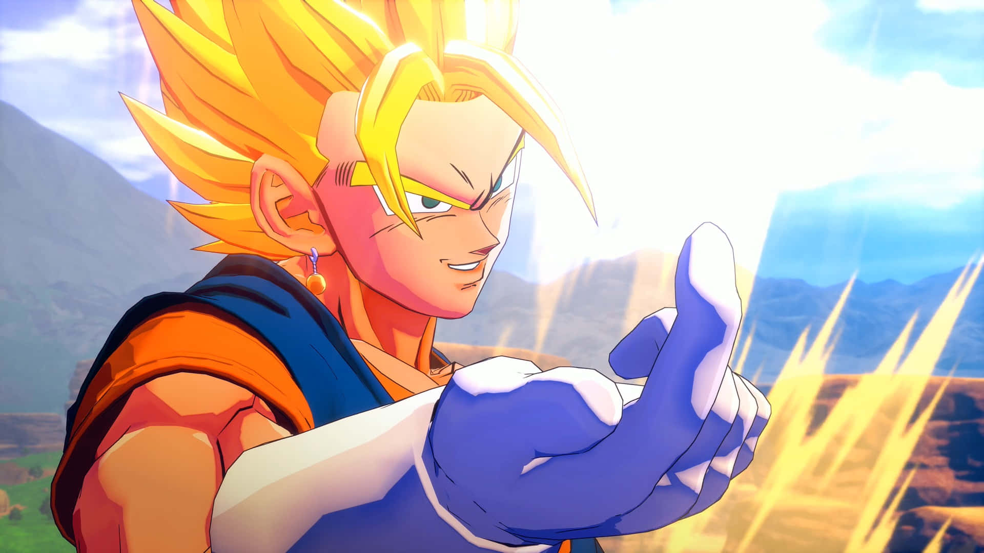 Dbz 桌布 壁紙 — 超級賽亞人悟空以戰鬥姿態，帶有發光氣場，背景為山巒。