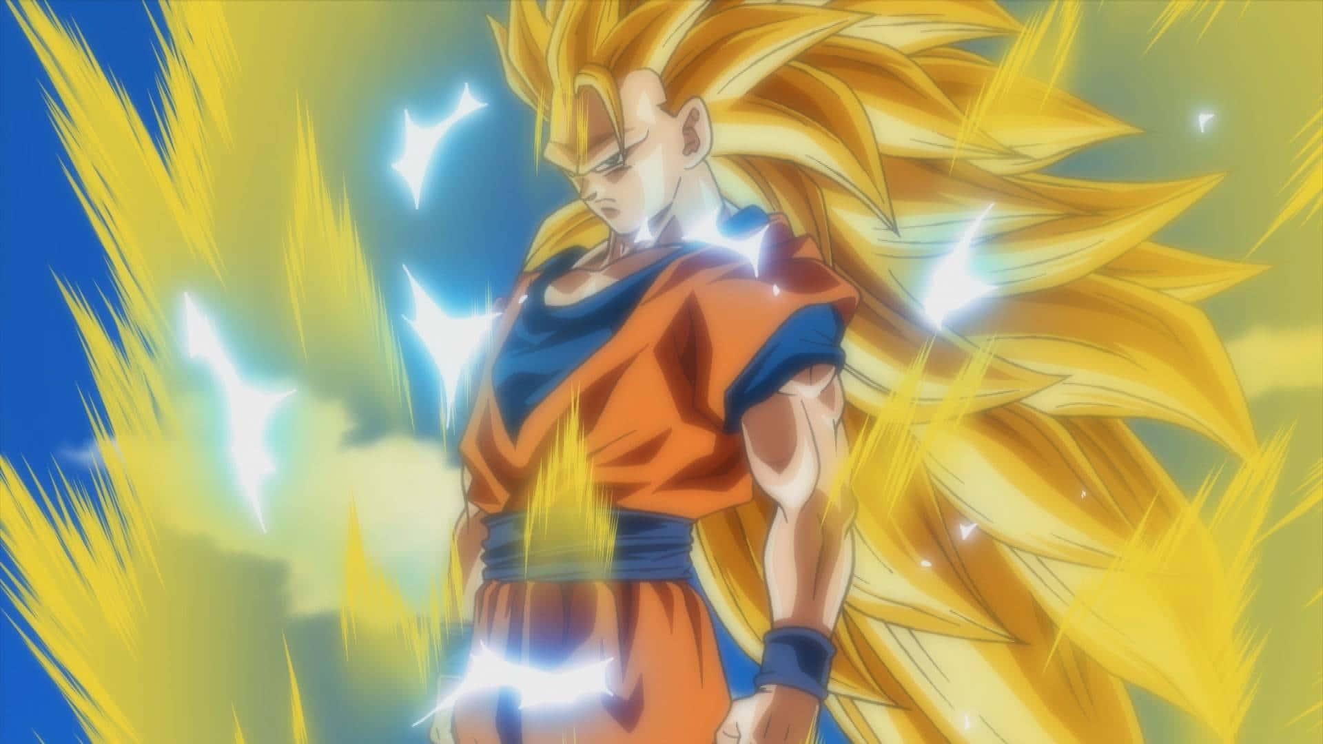 Ssj3 桌布 壁紙 — 超級賽亞人悟空以金色頭髮和氣場在藍天下強勢站立。