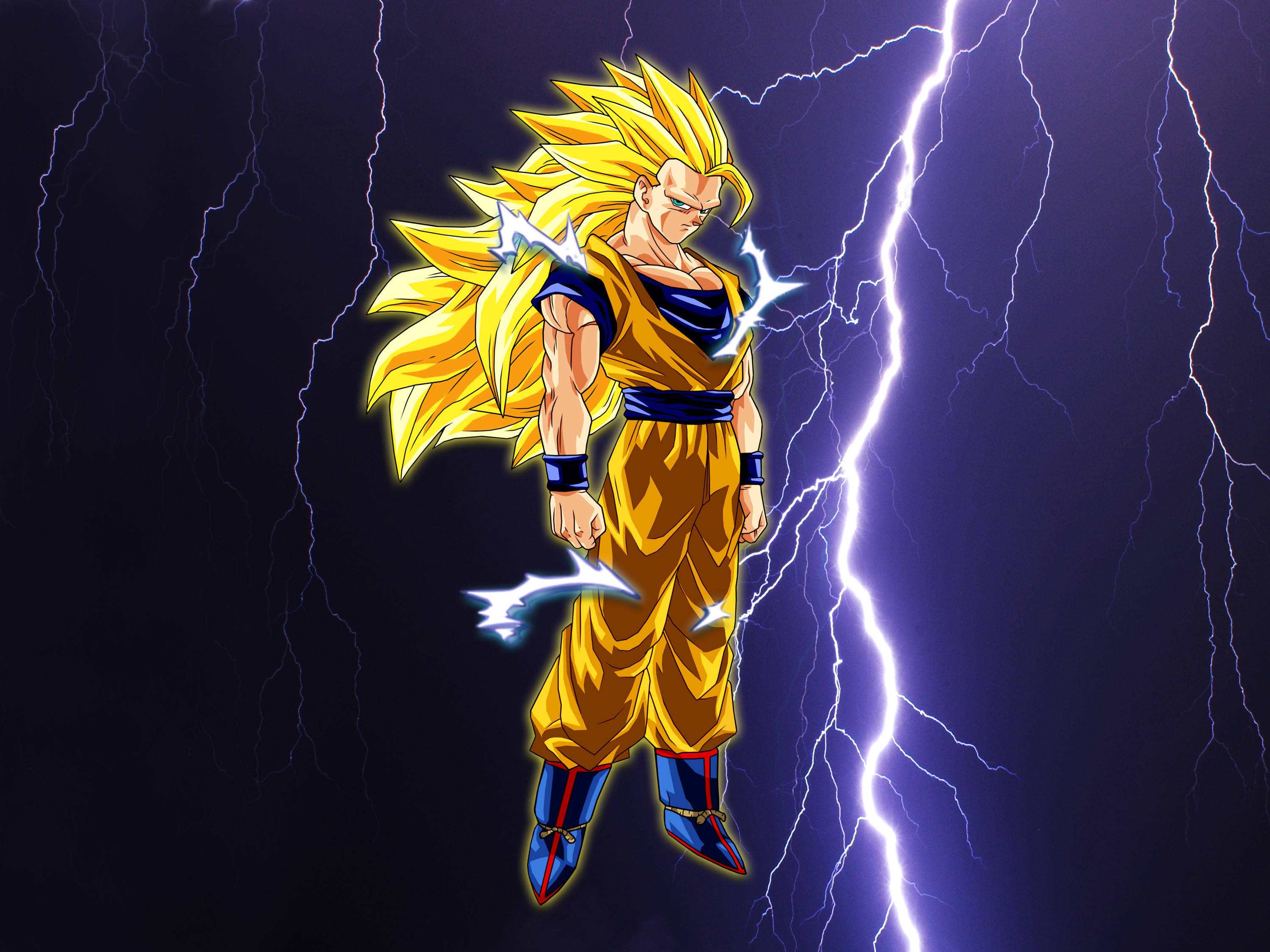 Goku Ssj3 桌布 壁紙 — 超級賽亞人悟空在深紫色天空中伴隨著劈啪作響的閃電，強勢站立。