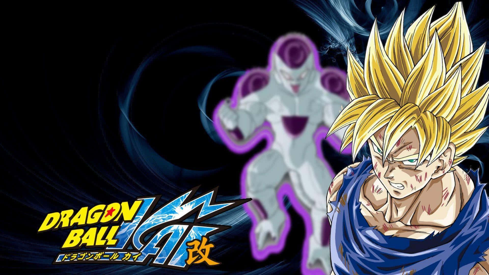 Dragon Ball Z Kai 桌布 壁紙 — 超級賽亞人悟空與發光的紫色弗利沙展開動態動畫戰鬥場景。