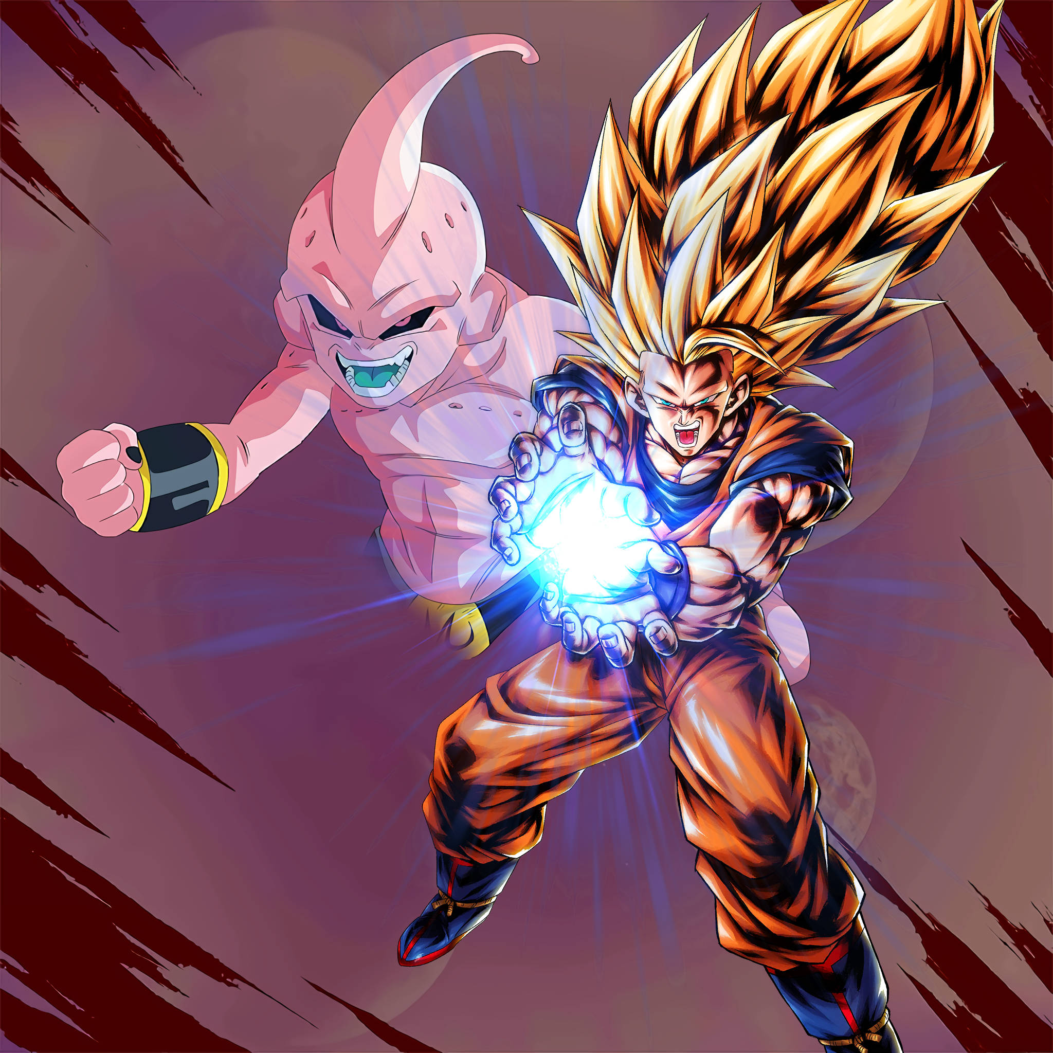 Goku Ssj3 桌布 壁紙 — 超級賽亞人悟空面對粉紅色皮膚的魔人普烏，凝聚發光能量球，展開動態動漫戰鬥。
