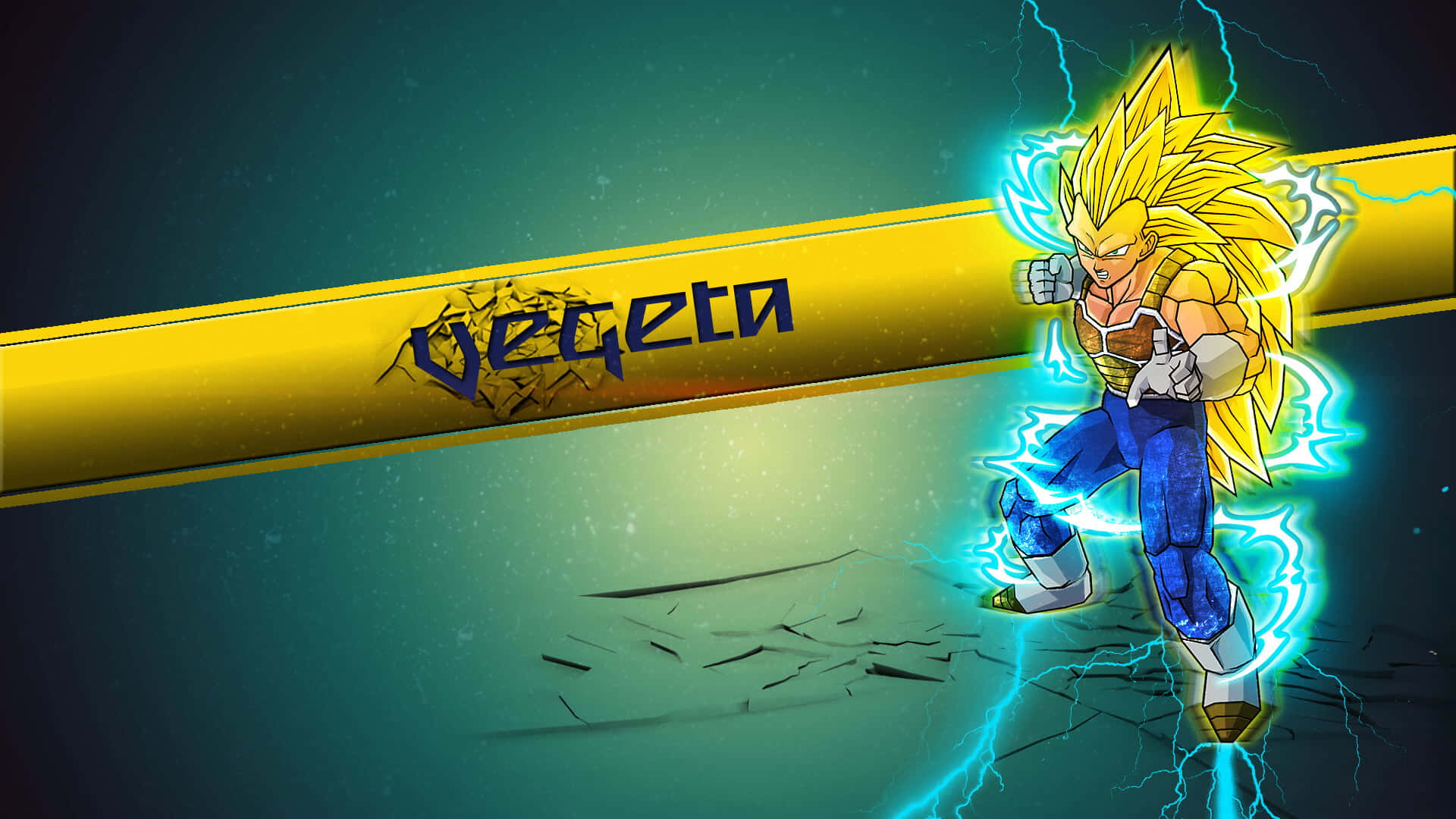 Vegeta Super Saiyan 3 桌布 壁紙 — 超級賽亞人狀態的貝吉塔在一個裂開的黃色橫幅前散發出藍色閃電，橫幅上有他的名字。