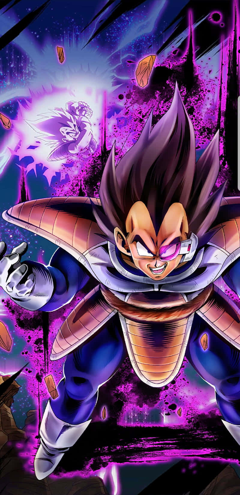 Vegeta Galick Gun 桌布 壁紙 — 超級賽亞人神形態的貝吉塔在宇宙背景下釋放紫色能量爆炸，周圍有破碎的碎片。