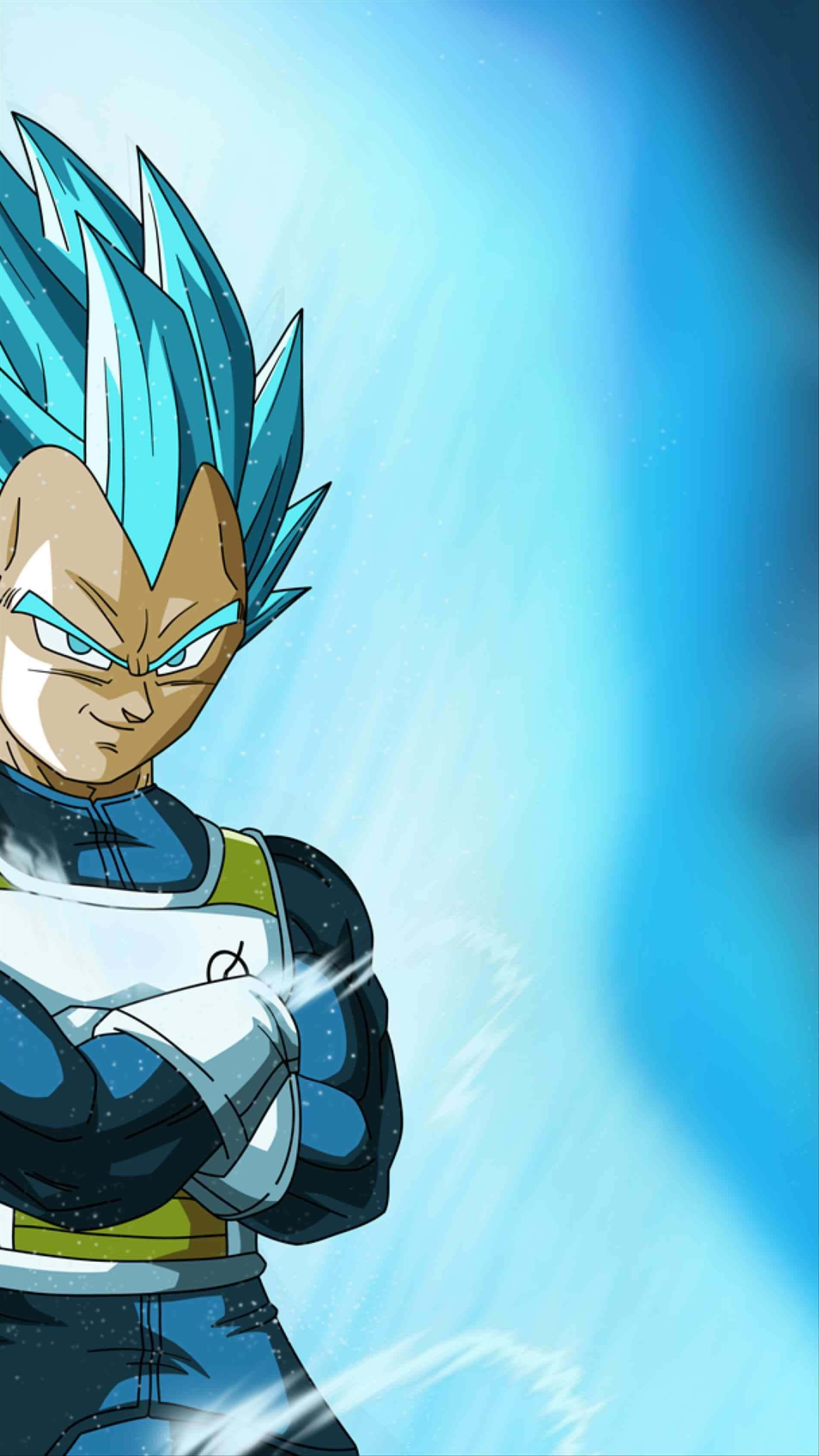 Cool Vegeta 桌布 壁紙 — 超級賽亞人藍型態的達爾雙臂交叉，站在光芒四射的藍色能量背景前。