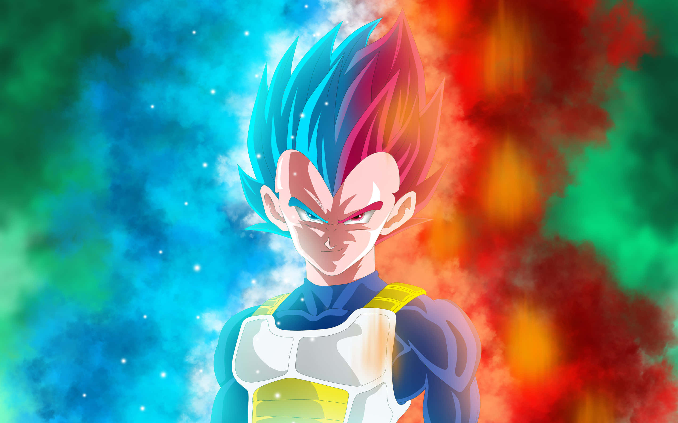 Cool Vegeta 桌布 壁紙 — 超級賽亞人藍形態的貝吉塔，在旋轉的藍色和火紅色的宇宙雲層背景下強勢站立。