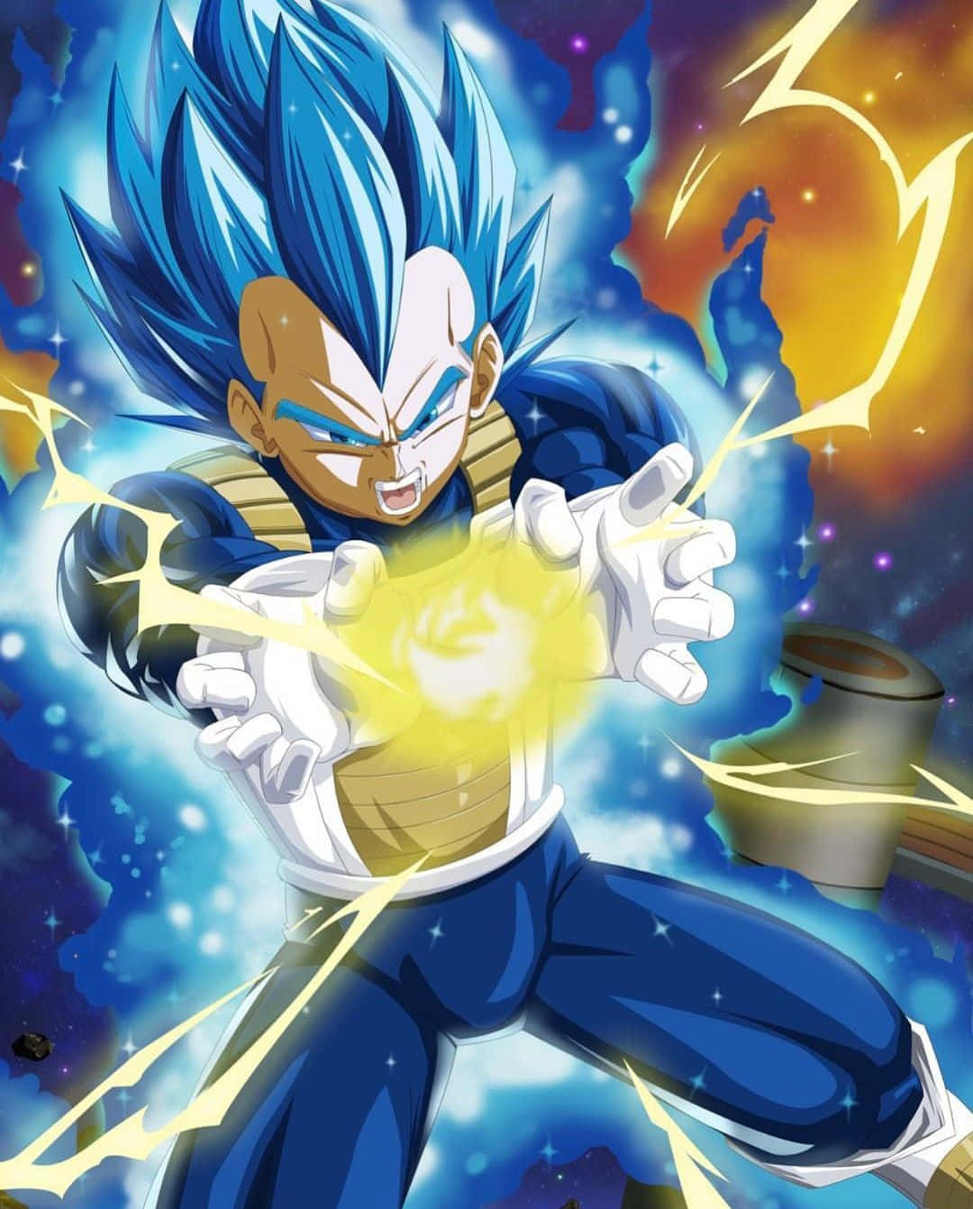 Vegeta's Final Flash 桌布 壁紙 — 超級賽亞人藍形態的達爾在宇宙星空背景下釋放發光的黃色能量爆炸。