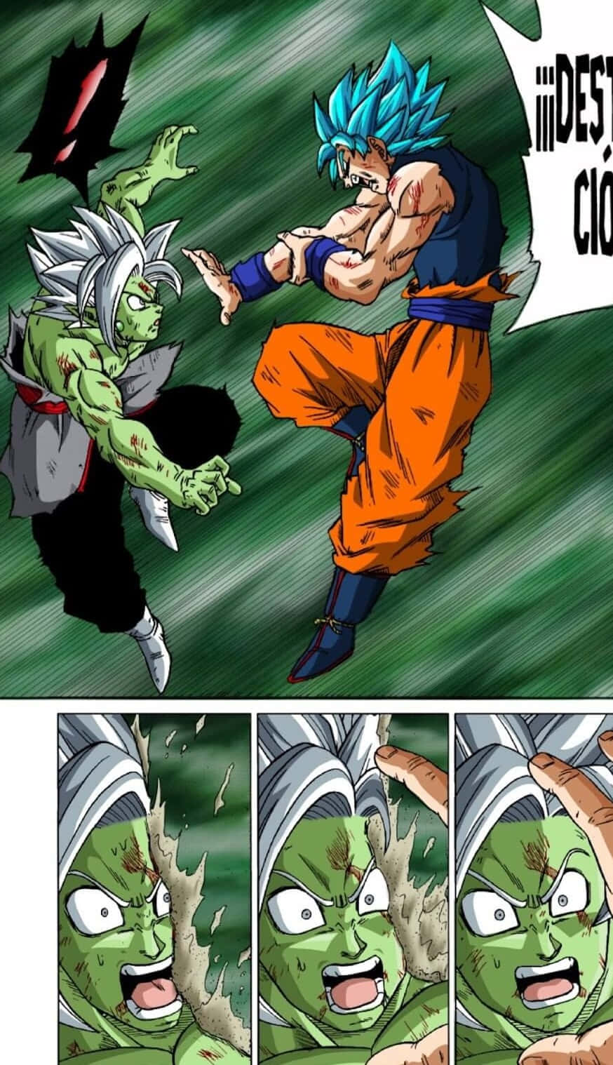 Dragon Ball Super Manga 桌布 壁紙 — 超級賽亞人藍悟空向綠色皮膚的對手使出強力踢擊，呈現出動態的動畫戰鬥場景。