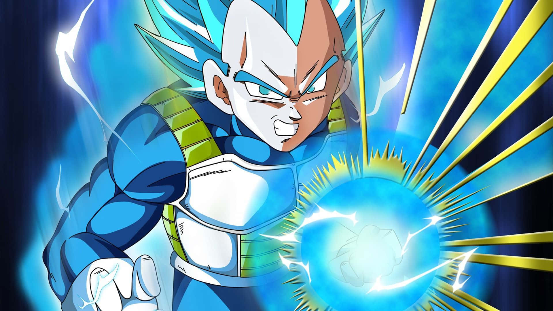 Vegeta Super Saiyan 桌布 壁紙 — 超級賽亞人藍狀態的達爾，在動態藍金背景前，專注地凝聚發光的藍色能量球。