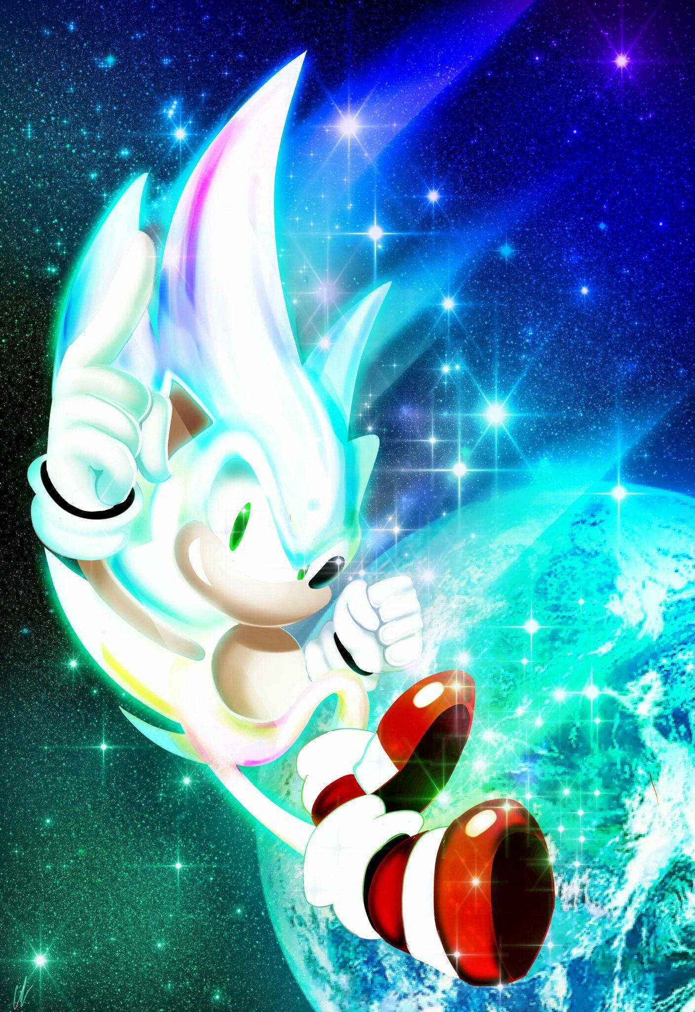 Hyper 桌布 壁紙 — 超音鼠以超級型態在星空宇宙中奔馳，地球在他下方。