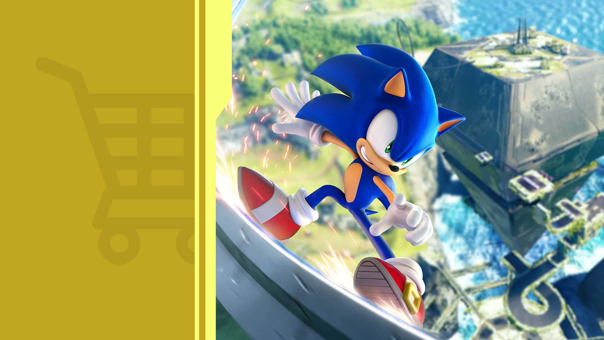 Sonic Art 桌布 壁紙 — 超音鼠以高速穿越未來城市景觀，鞋子擦出火花。