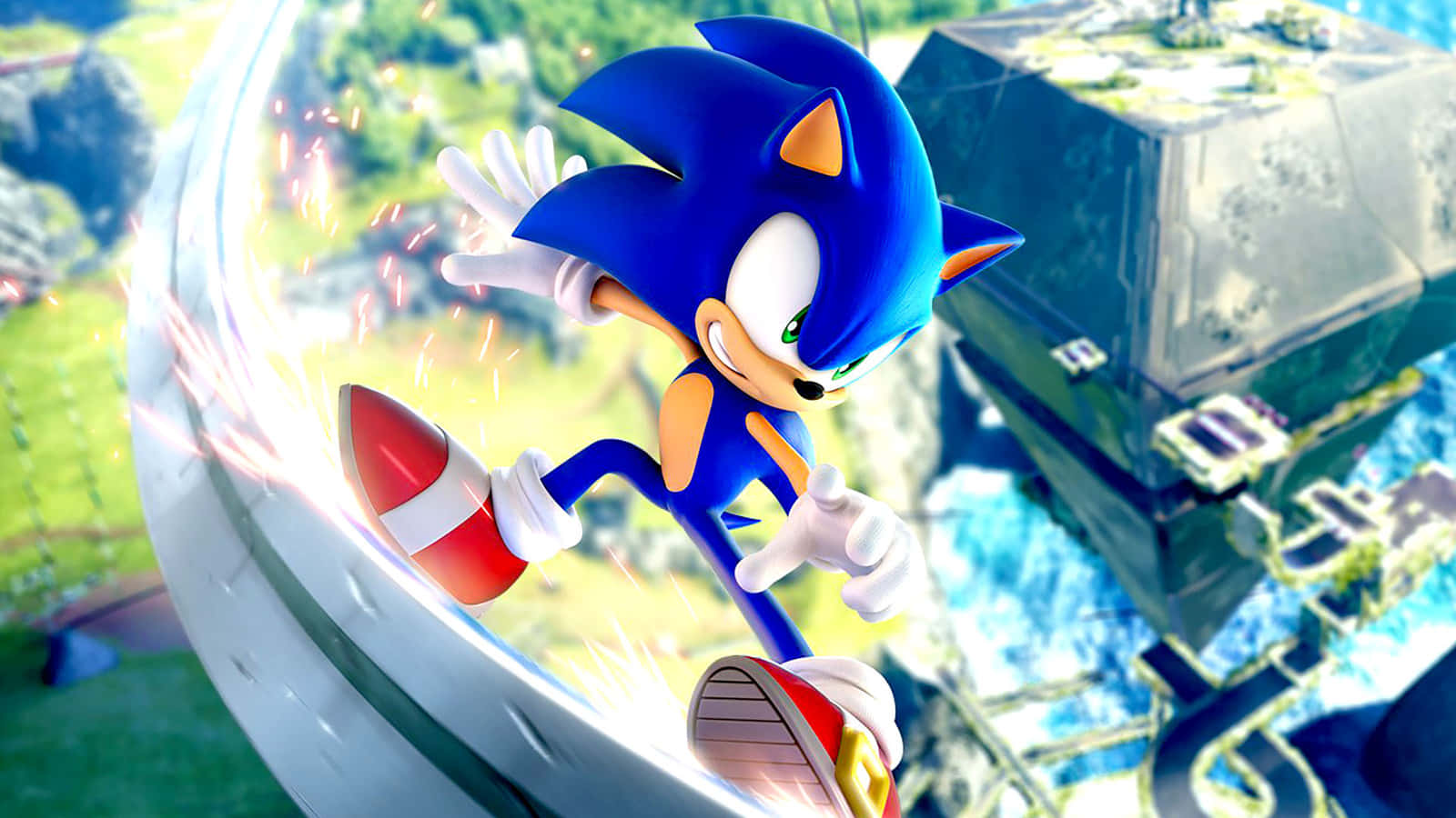 Sonic Art 桌布 壁紙 — 超音鼠以高速穿越未來風格的綠色景觀，身後留下一道發光的痕跡。