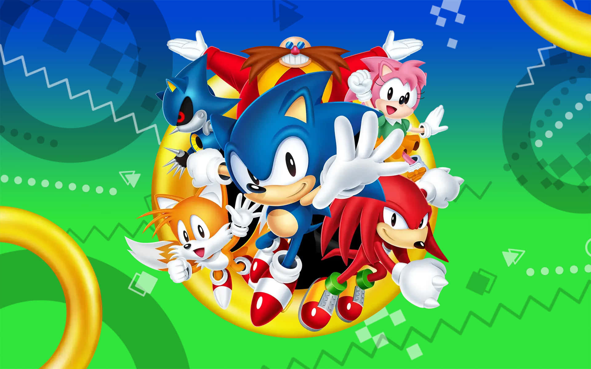 Classic Sonic 桌布 壁紙 — 超音鼠和他的朋友們在一個金色環上愉快地擺姿勢，背景是充滿活力的綠藍漸變色和幾何圖案。