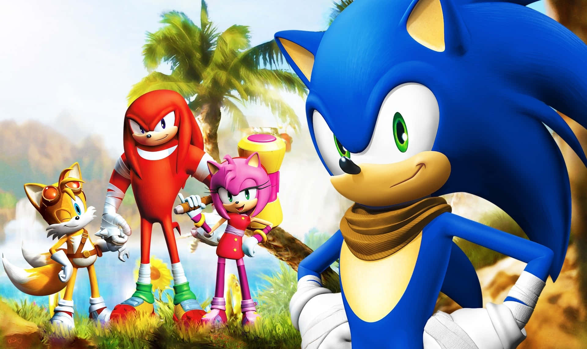 Sonic And Tails 桌布 壁紙 — 超音鼠和他的朋友們自信地站在一個充滿活力的熱帶叢林中，背後有棕櫚樹和岩石山丘。