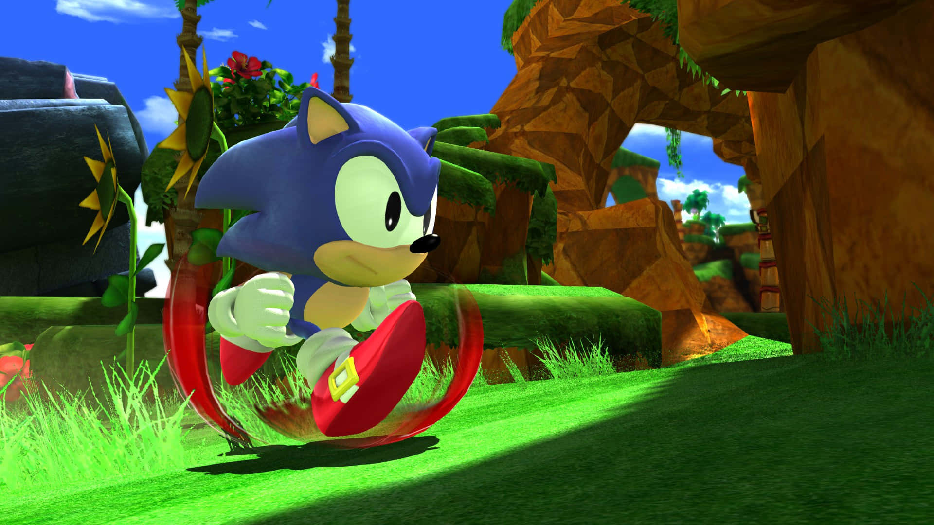 Sonic Generations 桌布 壁紙 — 超音鼠在一片生機勃勃的叢林中疾馳，叢林中有茂密的綠草和岩石地形，上方是明亮的藍天。