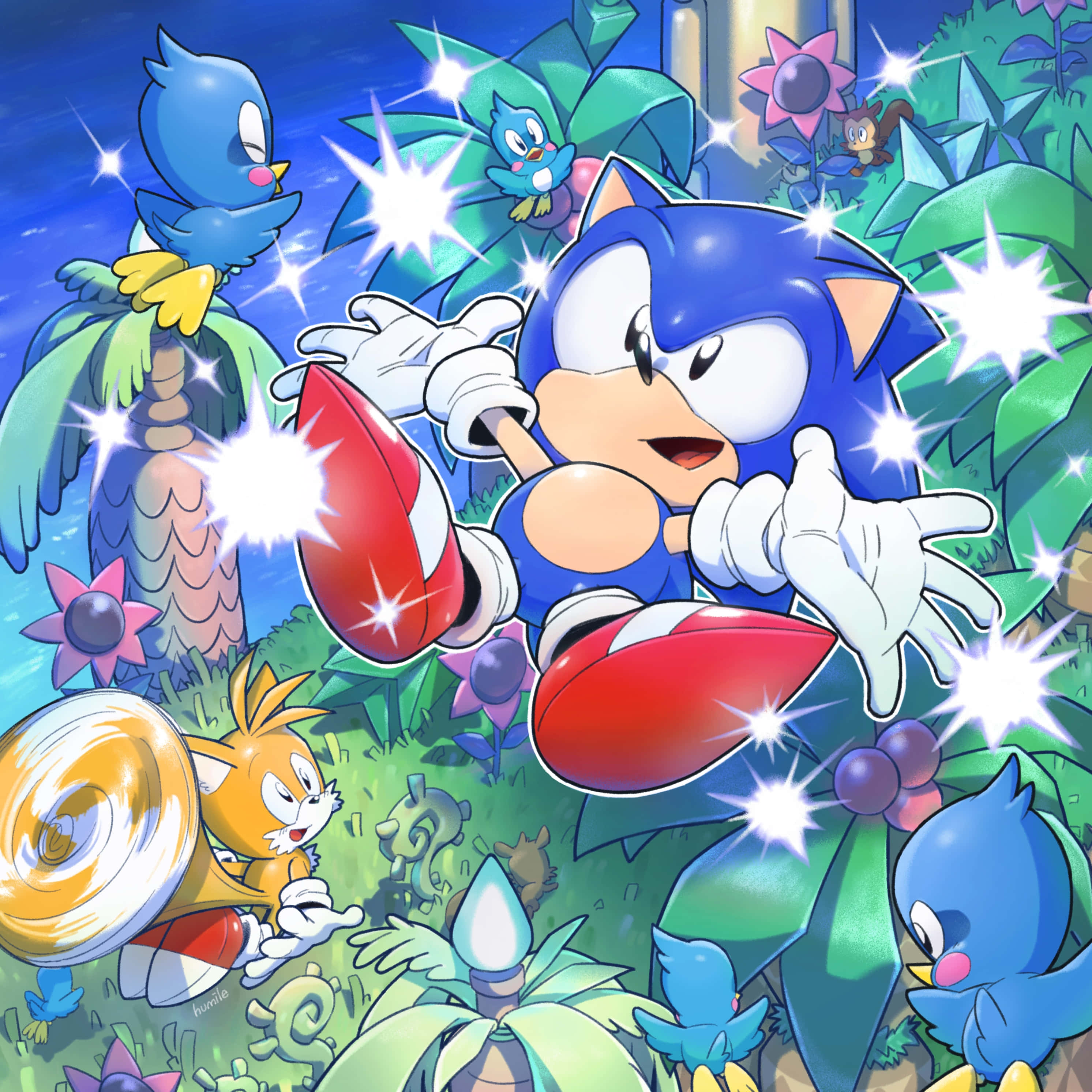 Classic Sonic 桌布 壁紙 — 超音鼠在充滿閃爍星星和色彩繽紛植物的生機勃勃叢林中疾馳。