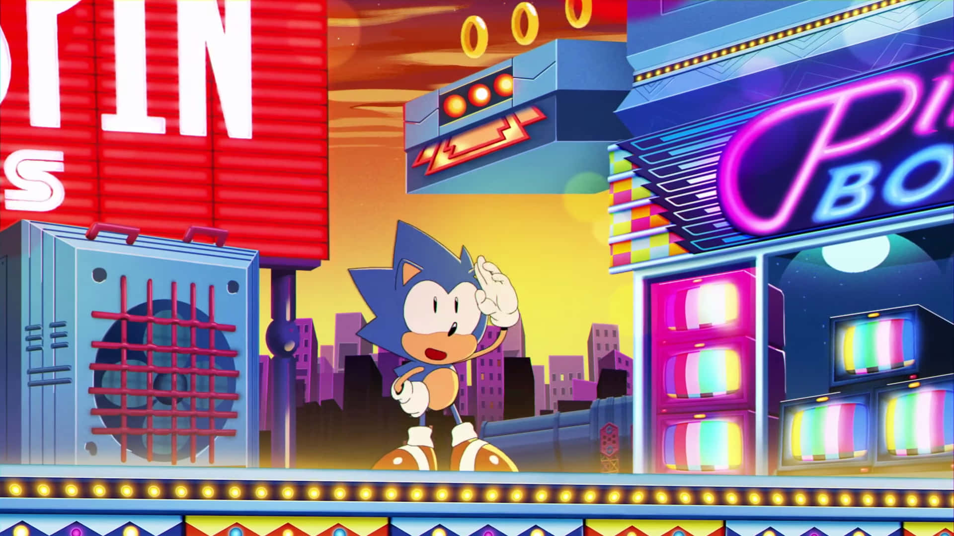 Sonic The Hedgehog 桌布 壁紙 — 超音鼠在霓虹燈照亮、有發光招牌和復古未來主義建築的城市景觀中愉快地揮手。
