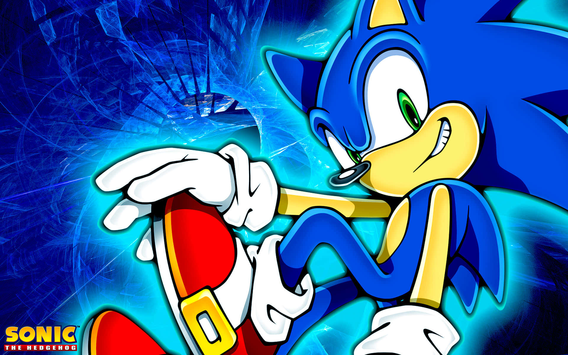Sonic The Hedgehog 桌布 壁紙 — 超音鼠帶著堅定的笑容，在動態的藍色能量背景中向前衝刺。