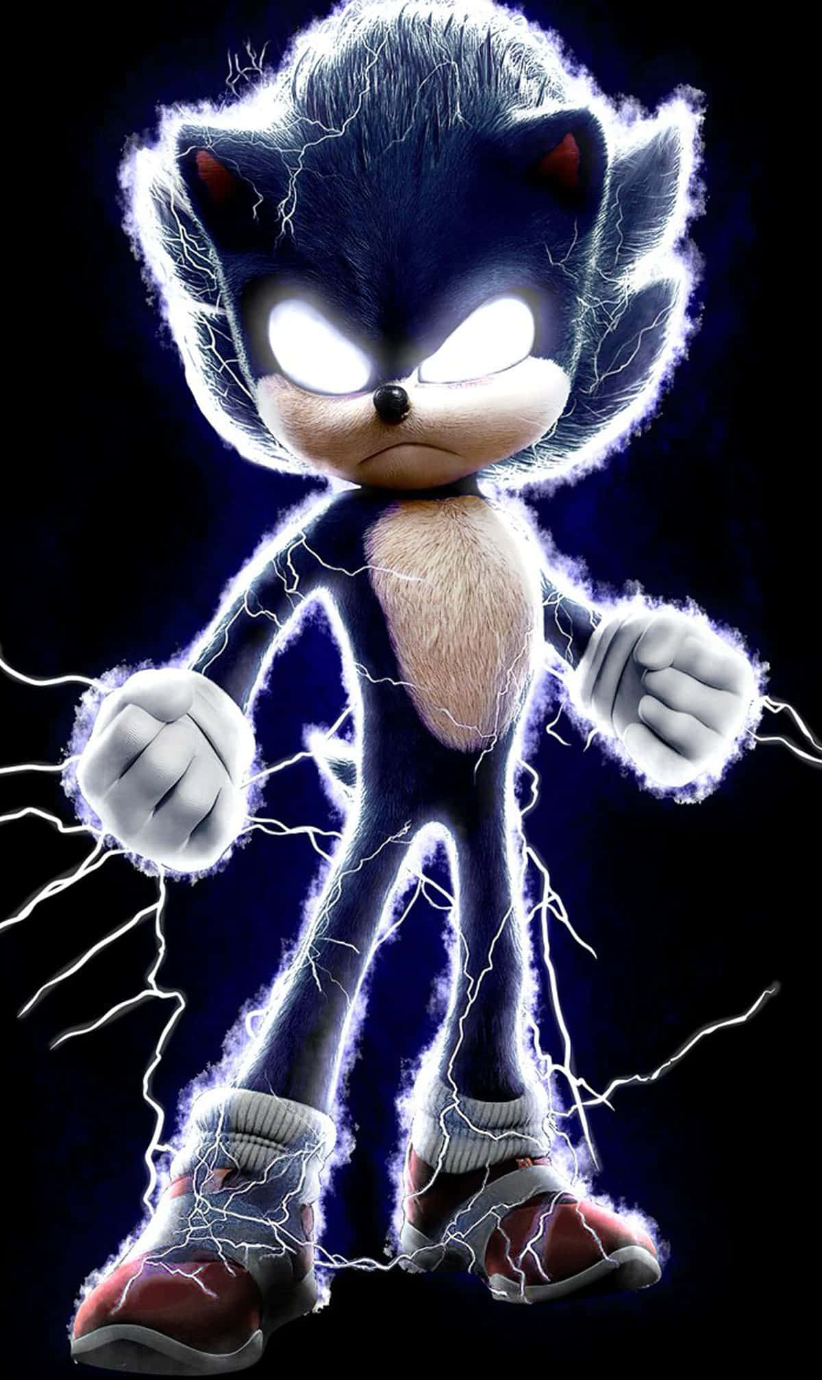 Sonic Fan Art 桌布 壁紙 — 超音鼠帶電站立，雙眼發出白光，拳頭周圍閃爍著劈啪作響的閃電，背景漆黑。