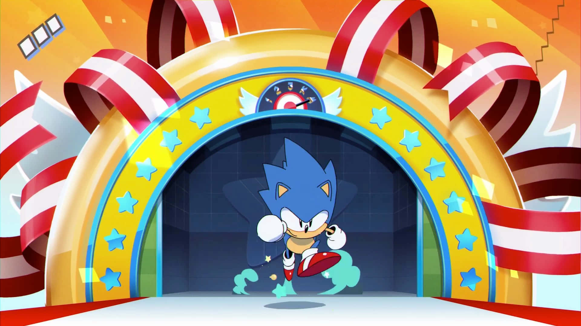 Sonic The Hedgehog 桌布 壁紙 — 超音鼠穿過一個裝飾著紅白絲帶和藍色星星的節日金色拱門。