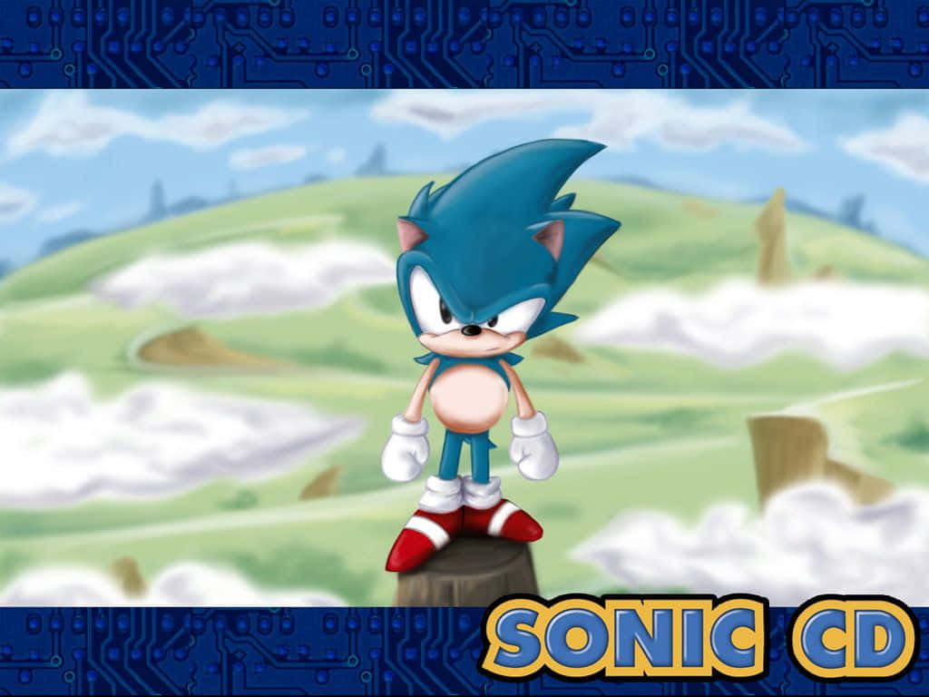 Sonic Cd 桌布 壁紙 — 超音鼠自信地站在樹樁上，背景是綠色山坡，帶有電路板邊框和「SONIC CD」文字。