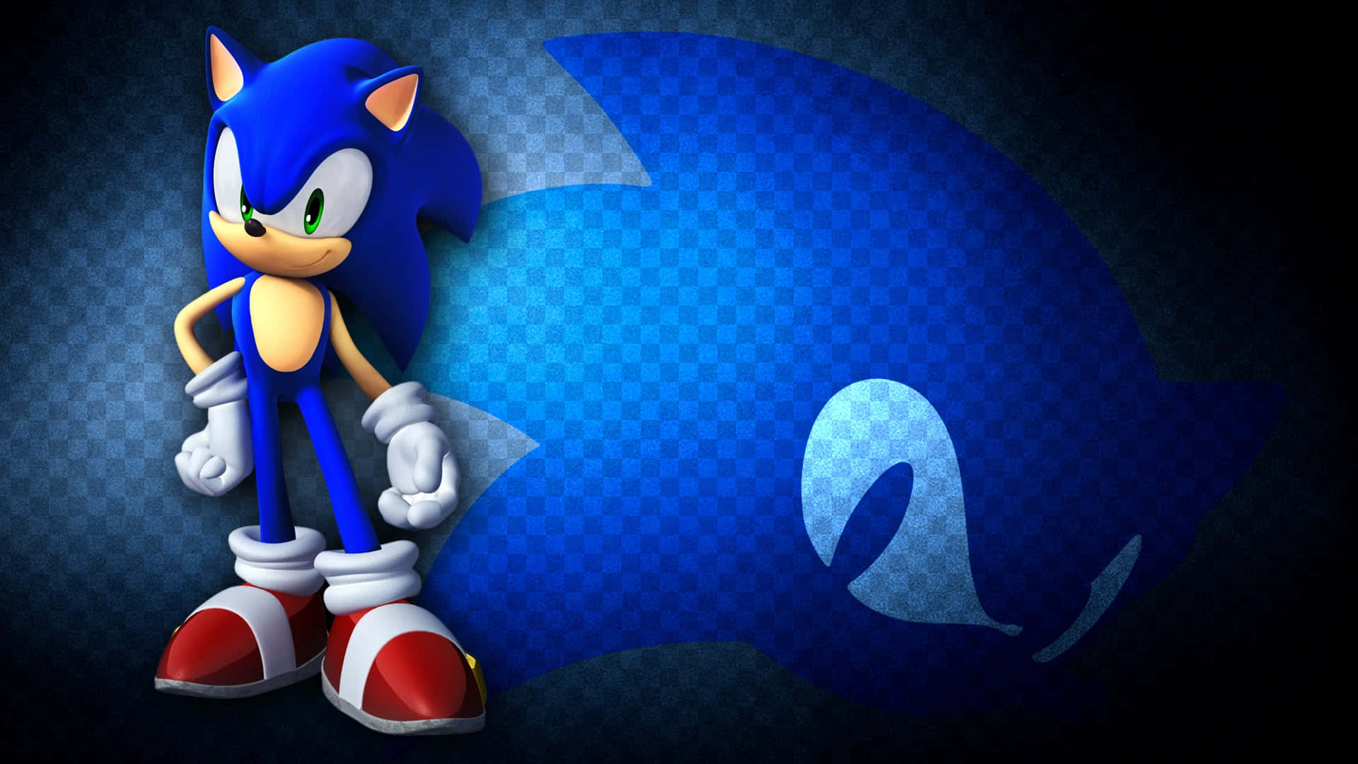 Modern Sonic 桌布 壁紙 — 超音鼠自信地站在藍色格子背景前，背後是他標誌性的剪影。