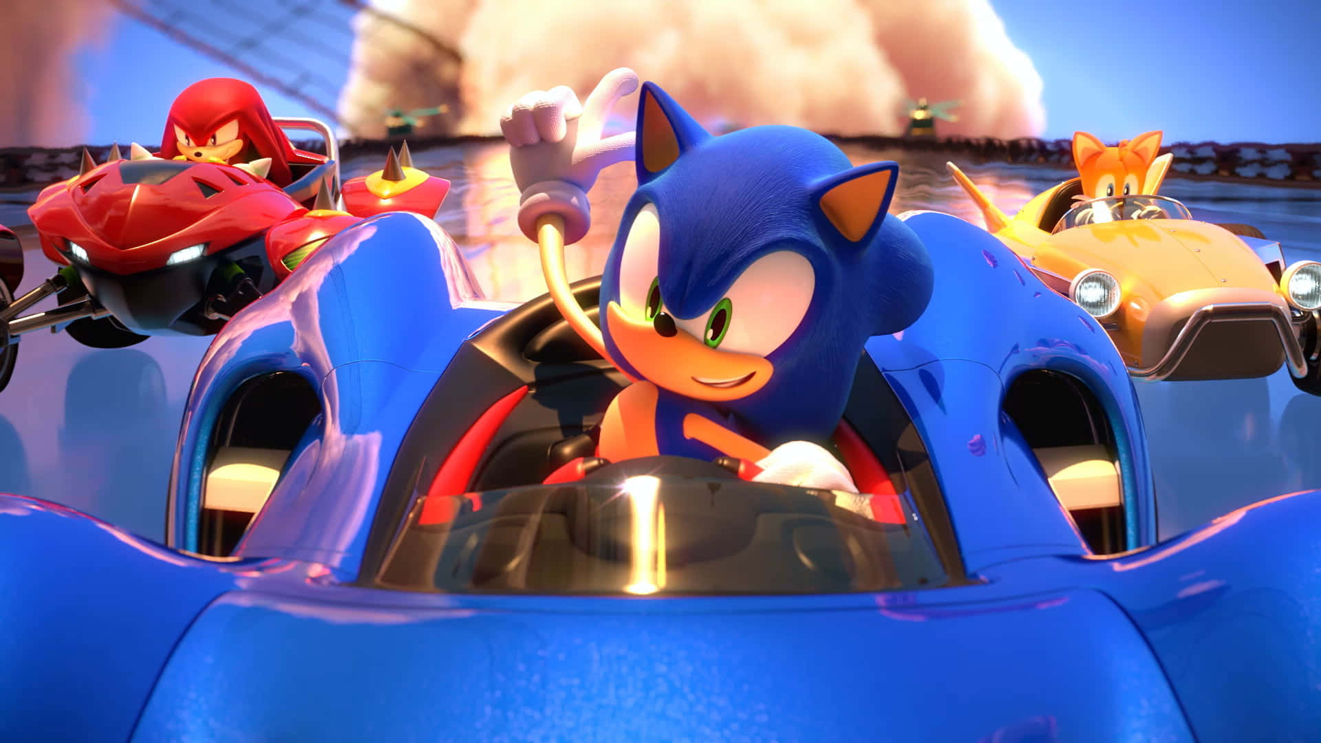 Sonic Battle Racers 桌布 壁紙 — 超音鼠與納克魯斯和塔爾斯駕駛藍色汽車在橋上進行高速追逐。