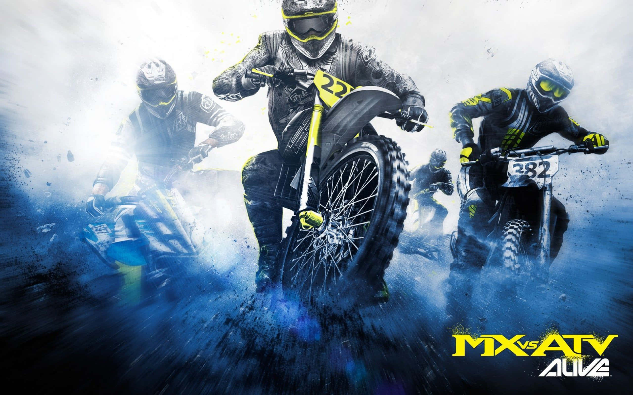 Motocross 桌布 壁紙 — 越野摩托車手以極速和頑強決心，在刺眼的藍色塵暴中飛馳。
