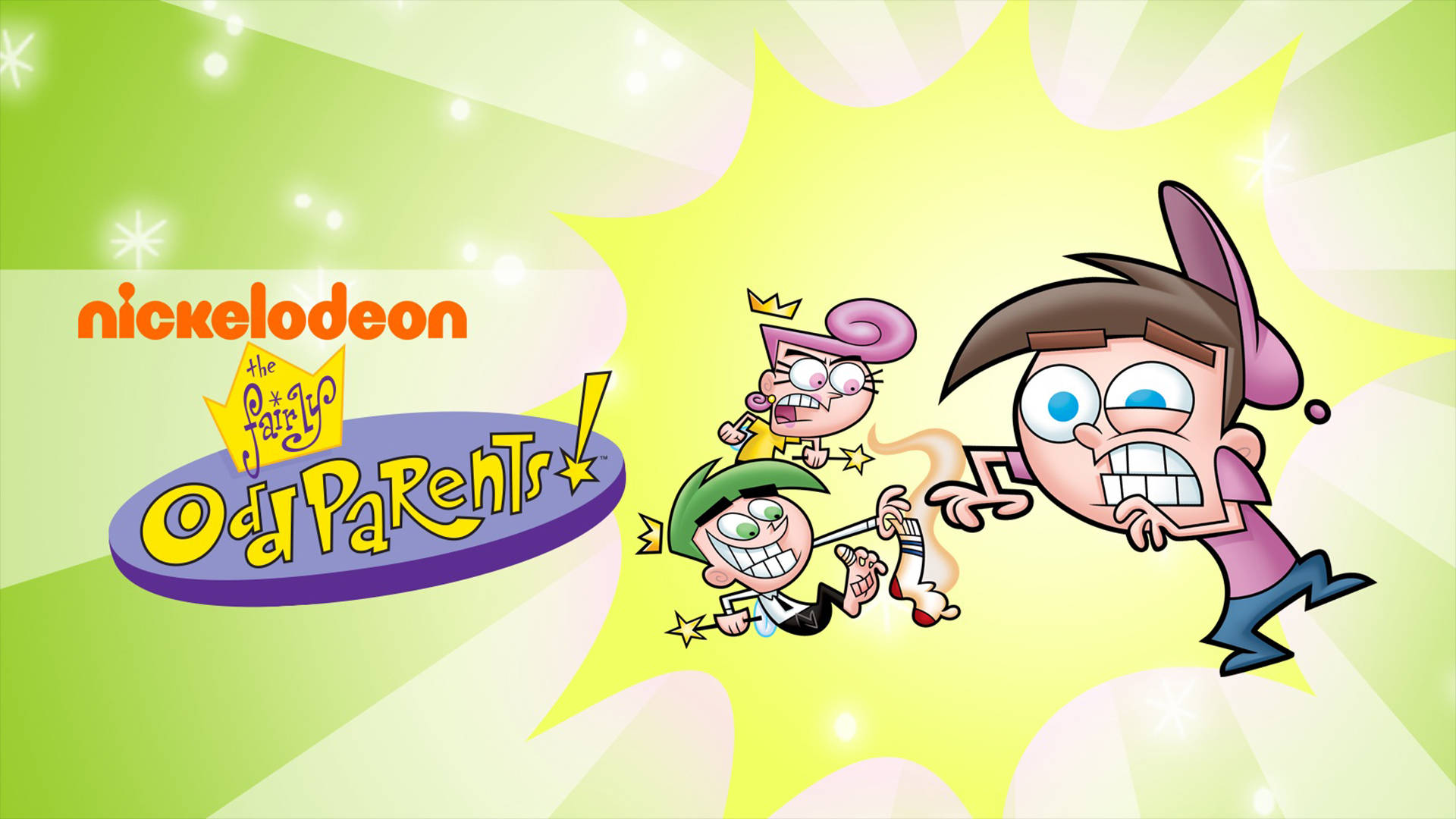 The Fairly Oddparents 桌布 壁紙 — 《趣怪守護仙》中的三個卡通角色在鮮綠色和黃色背景前充滿活力。