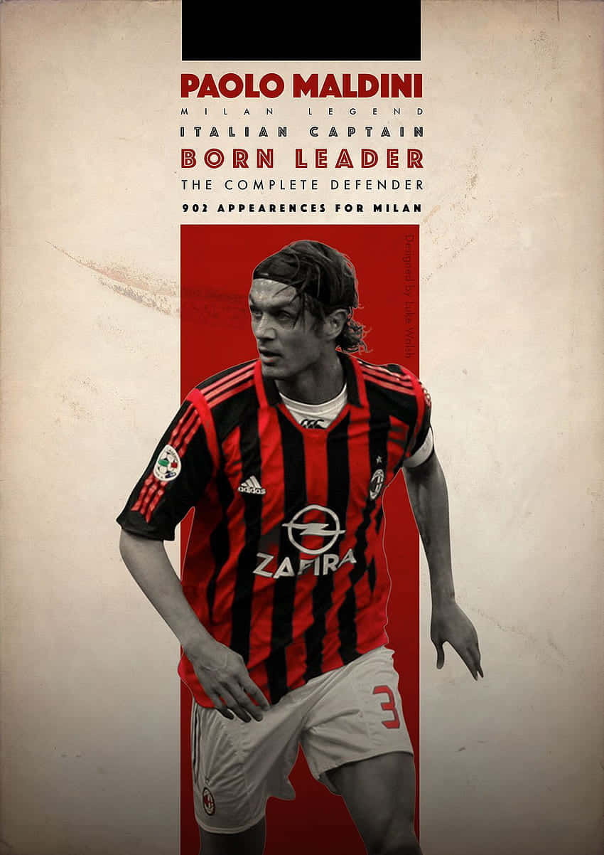 Football Players 桌布 壁紙 — 足球傳奇人物保羅·馬爾蒂尼身穿標誌性AC米蘭球衣的風格化肖像，背景為紋理紅和米色。