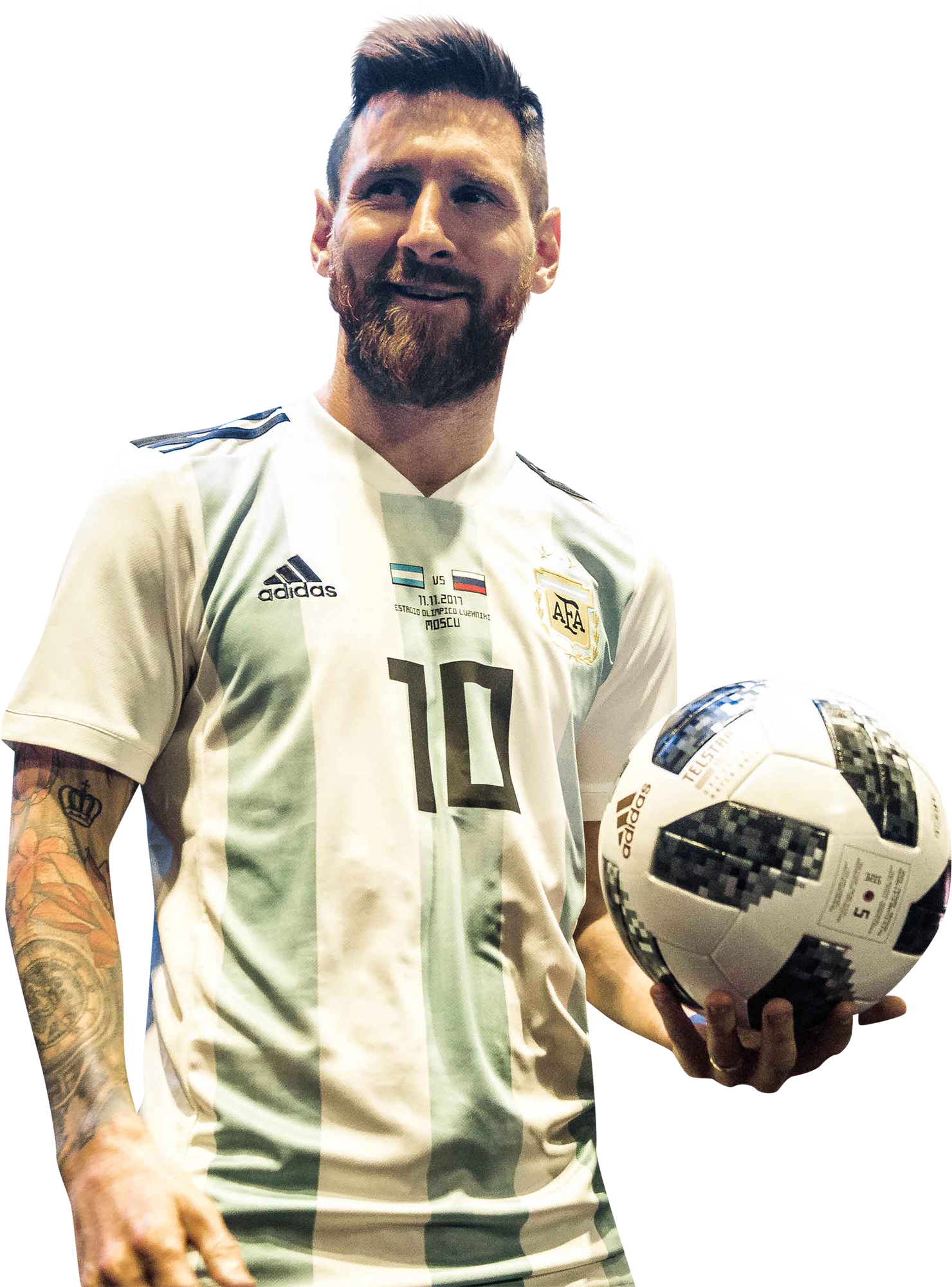 Football Player 桌布 壁紙 — 足球傳奇梅西身穿阿根廷國家隊球衣，微笑著手持足球。