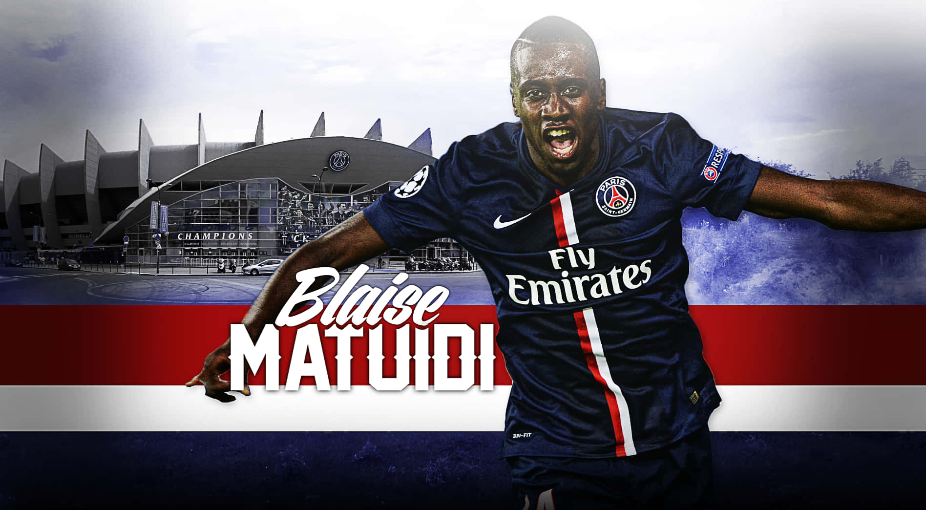 足球 桌布 壁紙 — 足球員 Blaise Matuidi 身穿巴黎聖日耳曼球衣，在紅白藍粗條紋的球場背景下慶祝。