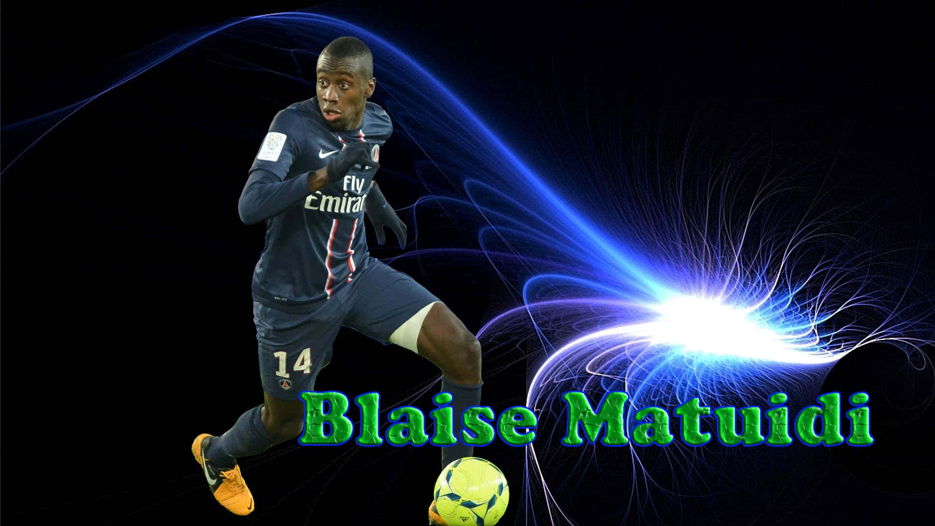 足球 桌布 壁紙 — 足球員 Blaise Matuidi 在黑色背景前移動，身後有發光的藍色能量爆發。