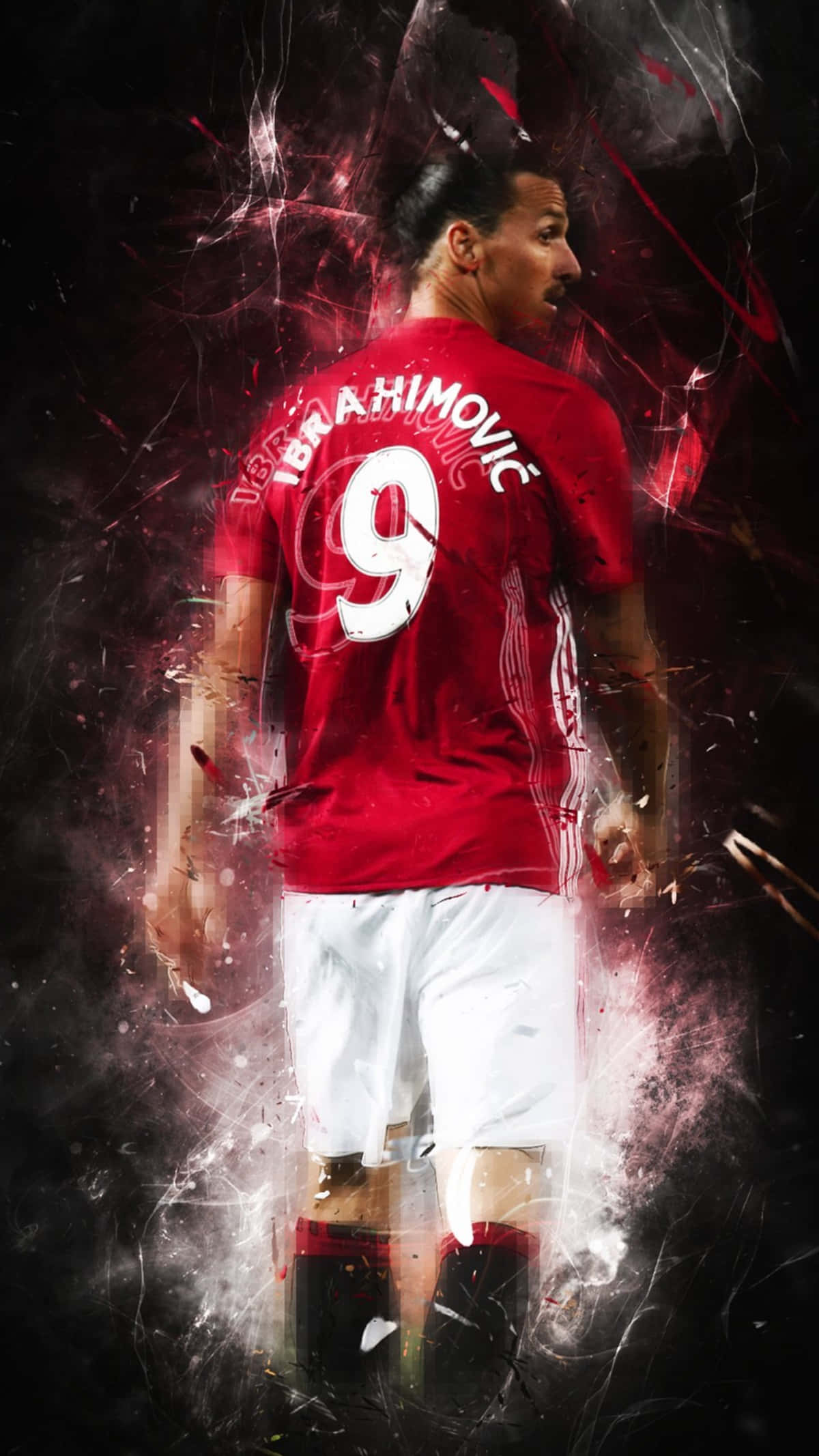 Manchester United iPhone 桌布 壁紙 — 足球員伊布拉希莫維奇身穿紅色9號球衣的動感數位藝術肖像，周圍帶有爆炸性的紅色和白色能量效果。