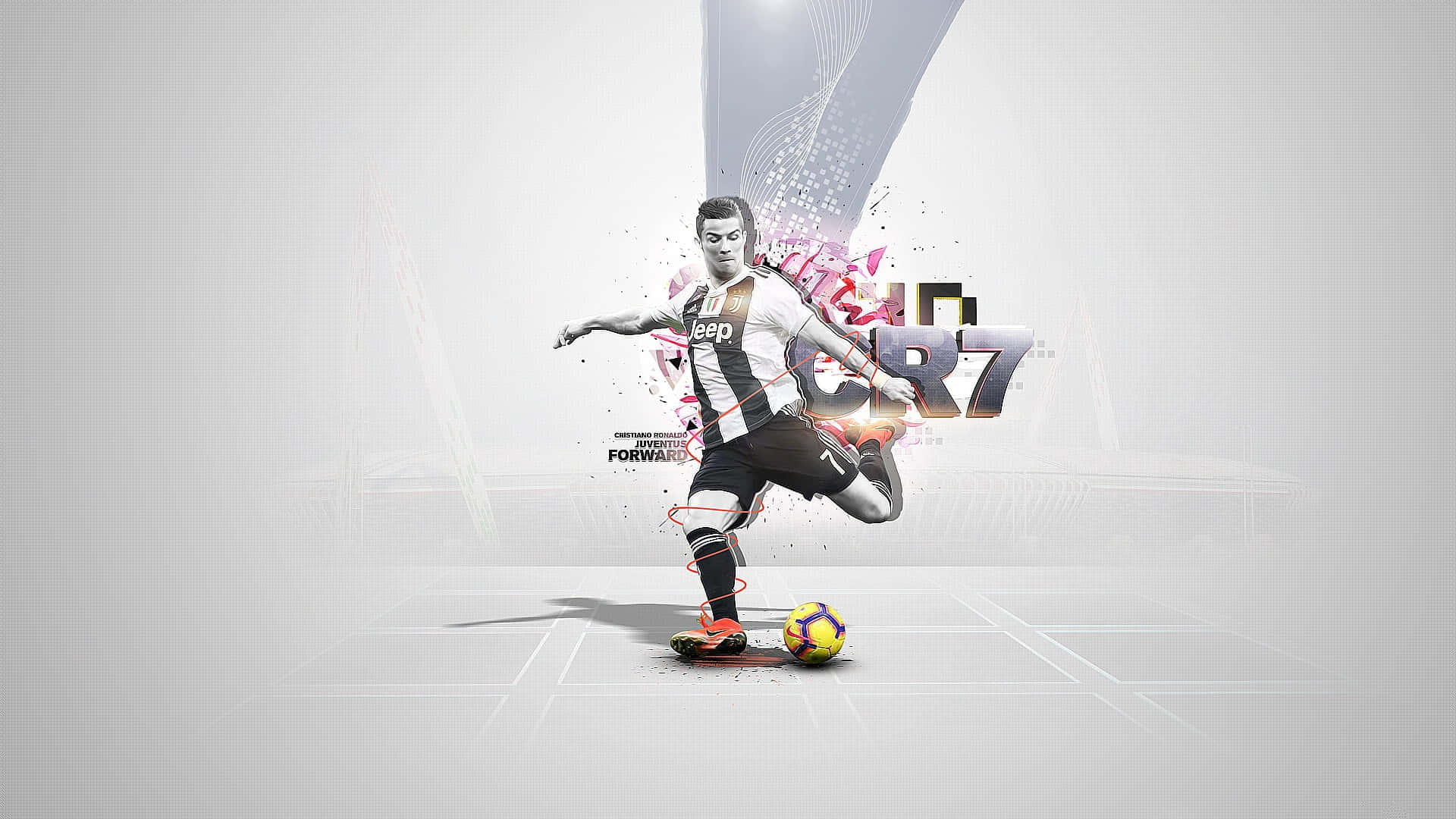 Juventus 桌布 壁紙 — 足球員克里斯蒂亞諾·羅納度身穿尤文圖斯球衣，動態地踢球，伴隨充滿活力的數位粒子效果和「CR7」標誌。