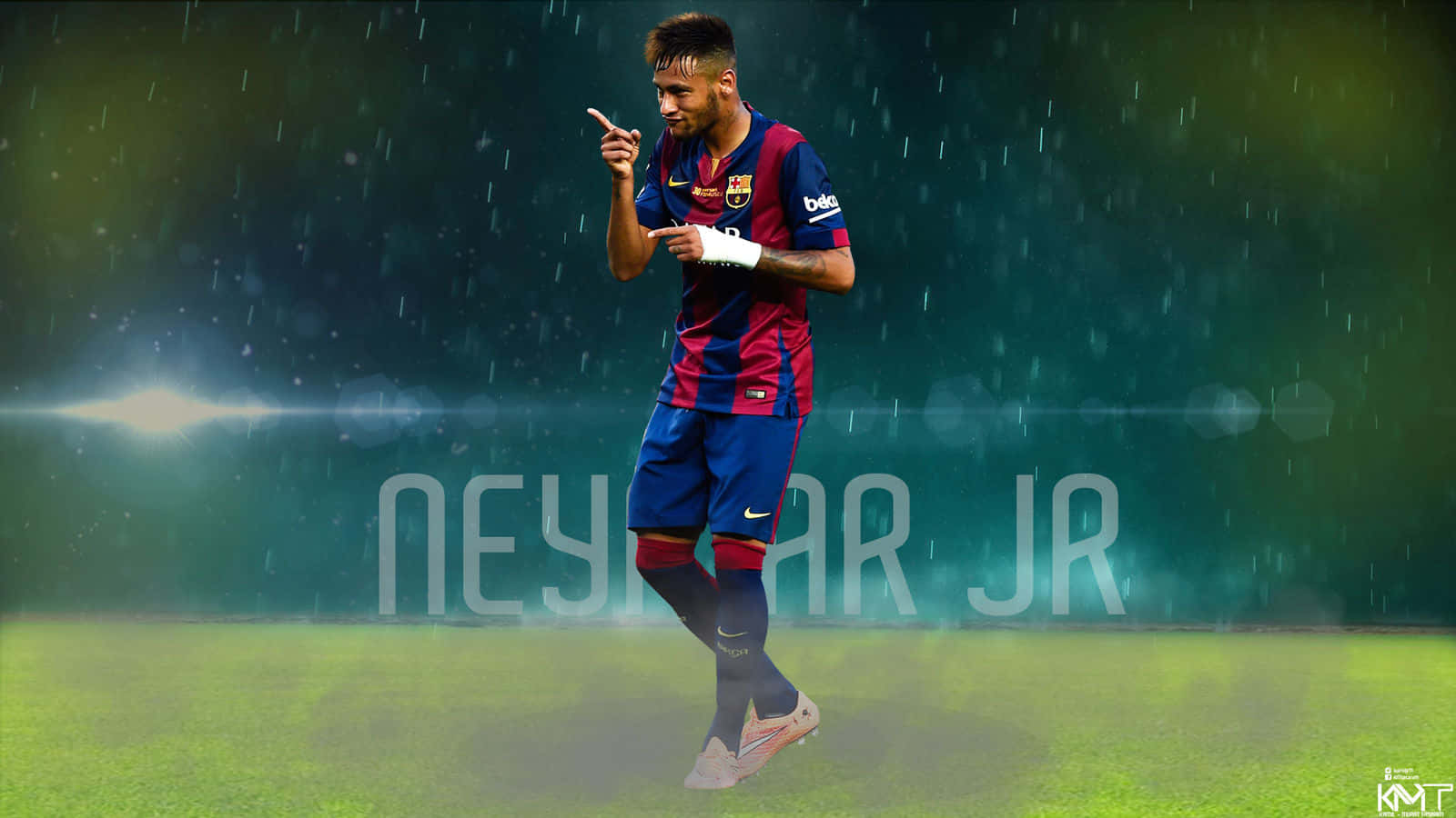 内马尔 桌布 壁紙 — 足球員內馬爾（Neymar Jr）在雨中穿著巴塞隆納球衣，在發光的綠色球場上，在體育場燈光下慶祝。