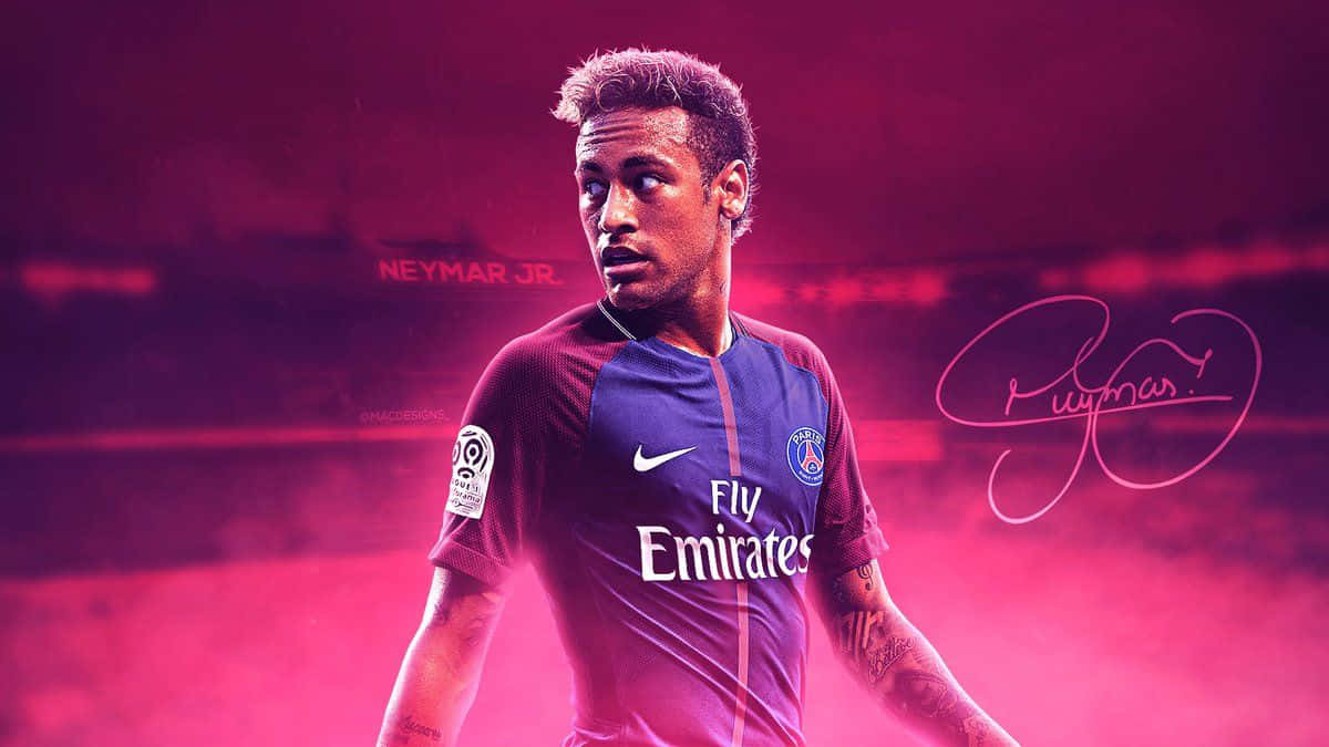 内马尔 桌布 壁紙 — 足球員內馬爾（Neymar Jr）身穿巴黎聖日耳曼球衣，站在充滿活力的粉紅色球場背景下，他的簽名在旁邊發光。