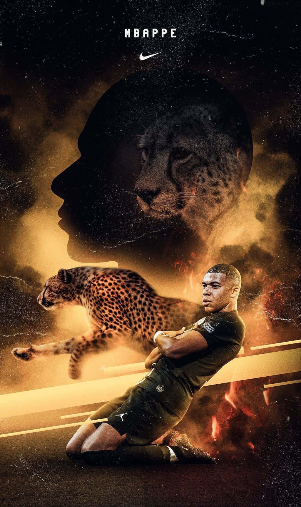 Mbappe 桌布 壁紙 — 足球員姆巴佩在火焰球場上跪下，旁邊有一隻跳躍的獵豹，他的剪影與上方的豹臉融合。