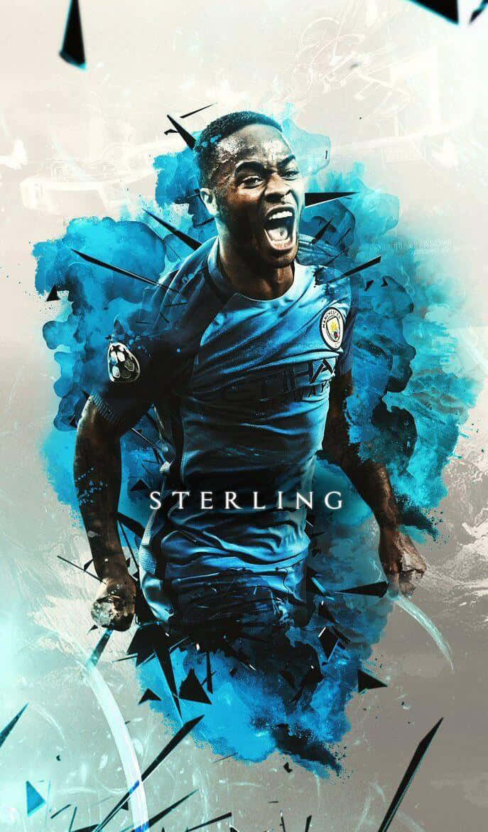 Sterling 桌布 壁紙 — 足球員拉希姆·斯特林身穿藍色球衣，以強烈能量衝破碎裂玻璃效果的動態數位藝術肖像。